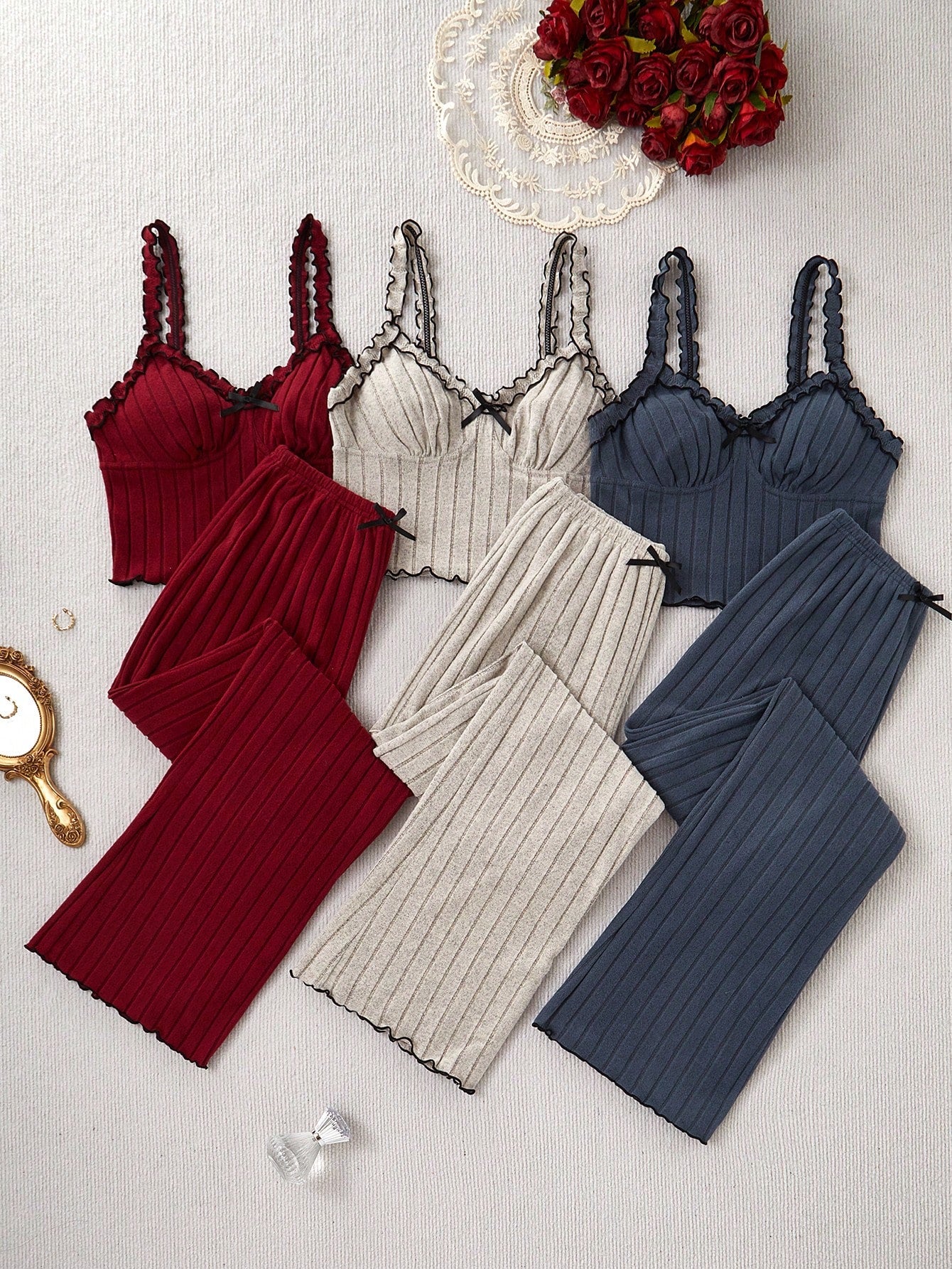 3 Sets Bow Decor Ribbed Cami Top And Pants Pajama Set
