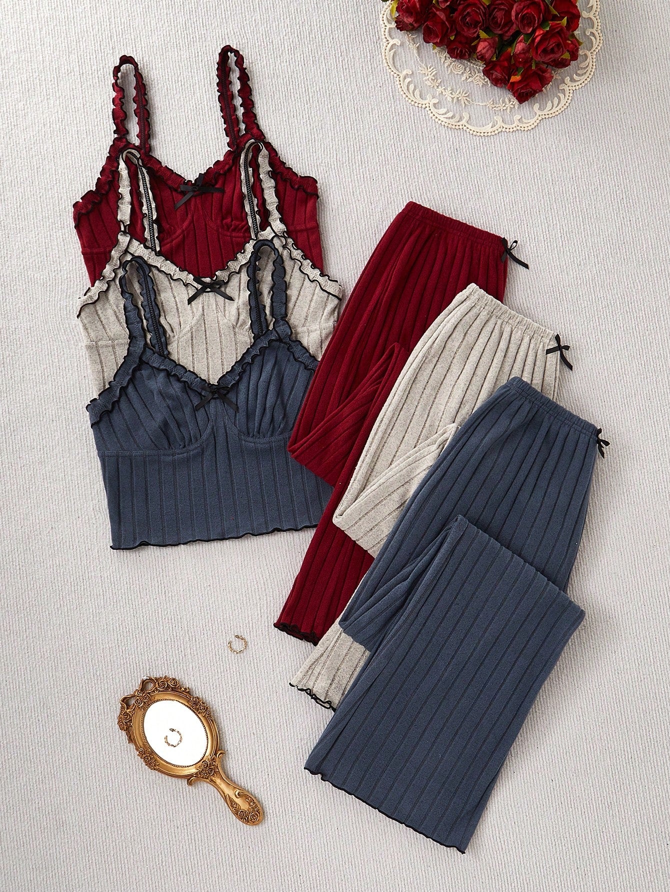 3 Sets Bow Decor Ribbed Cami Top And Pants Pajama Set