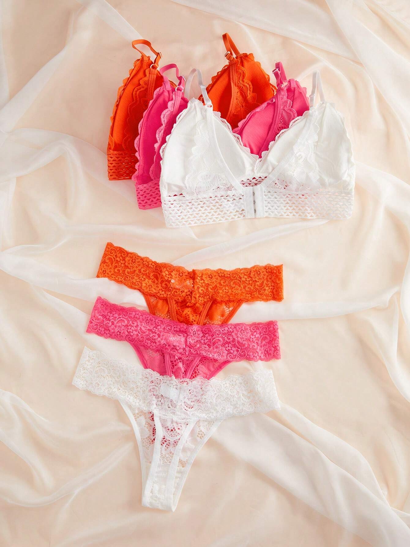 3sets Floral Lace Bra & Panty Lingerie Set