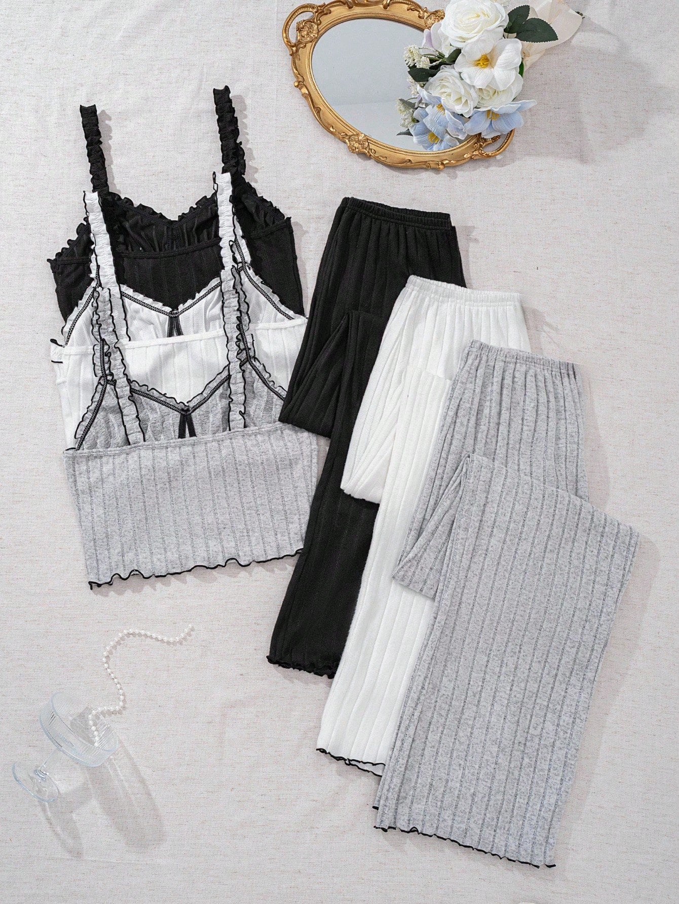 3 Sets Bow Decor Ribbed Cami Top And Pants Pajama Set