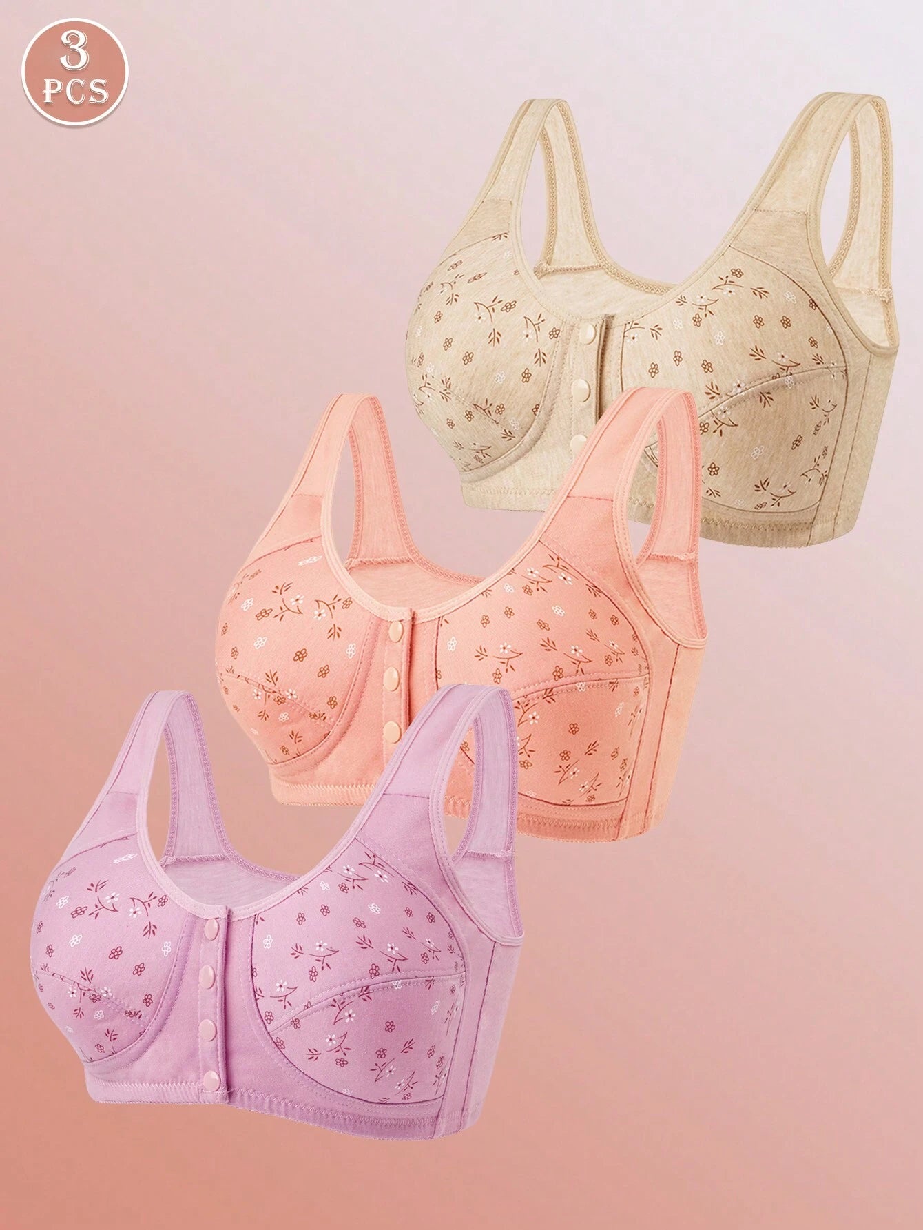3pcs Front Closure Soft Camisole Bras