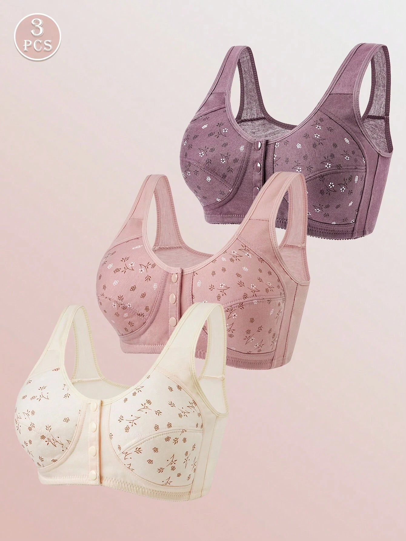 3pcs Front Closure Soft Camisole Bras