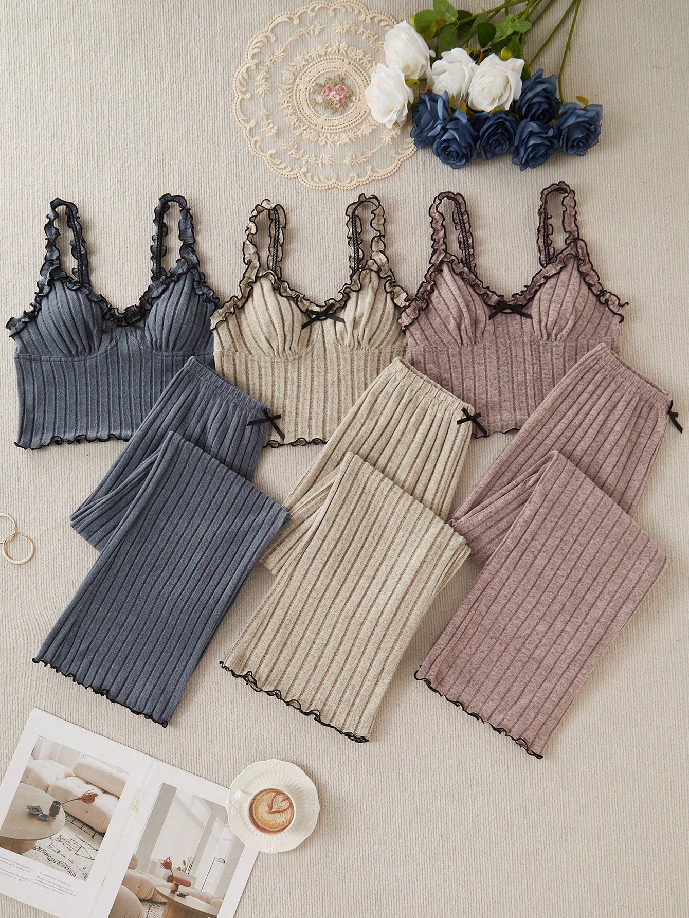 3 Sets Bow Decor Ribbed Cami Top And Pants Pajama Set