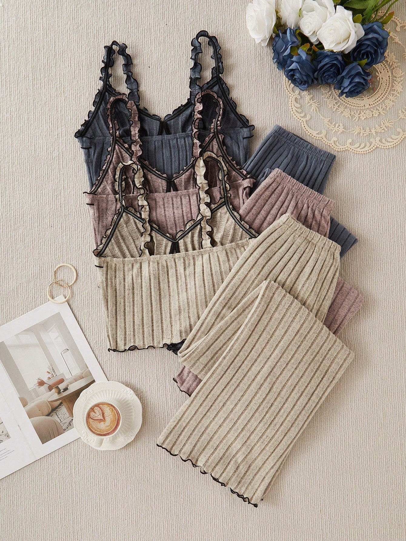 3 Sets Bow Decor Ribbed Cami Top And Pants Pajama Set