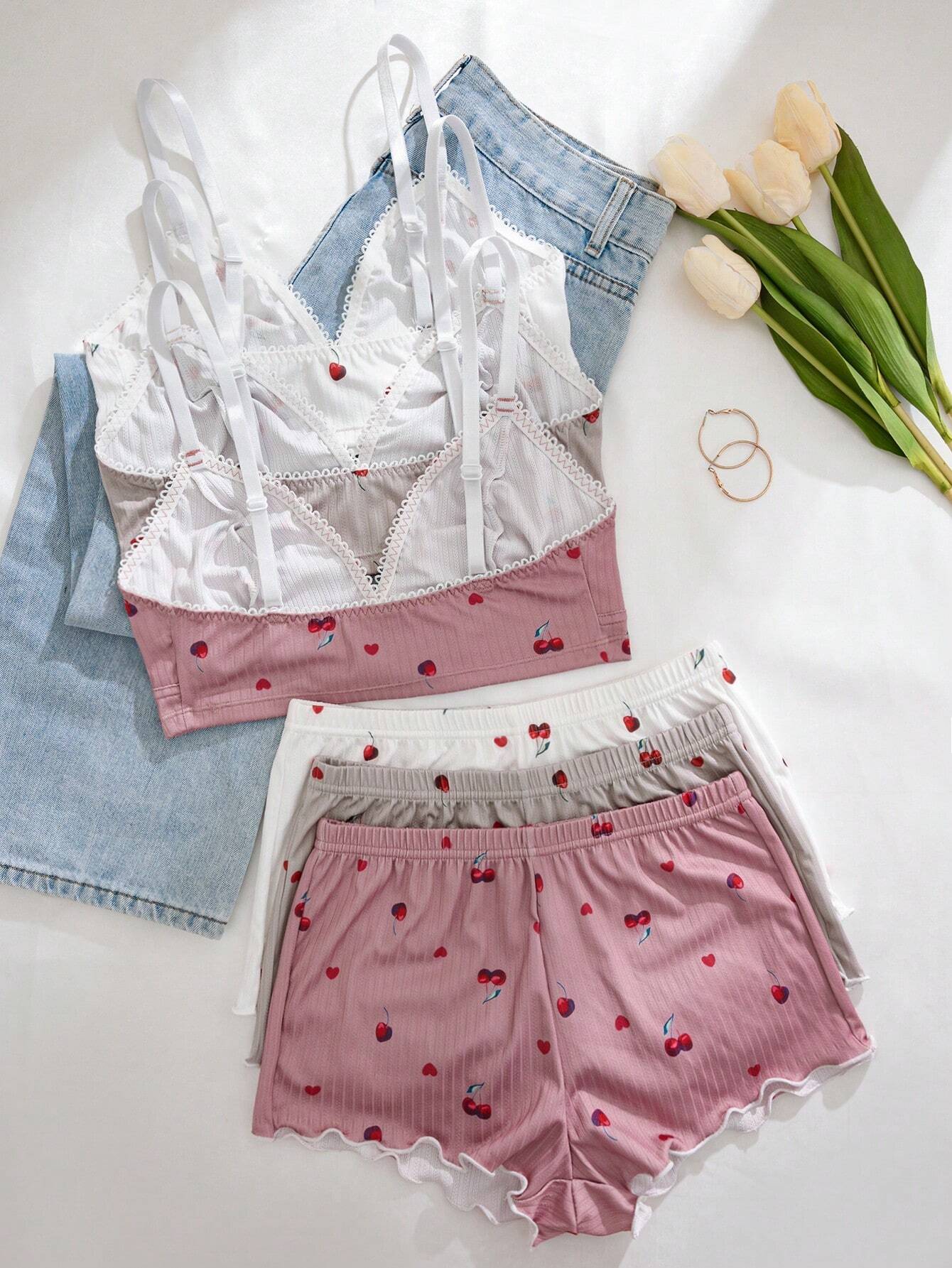 3pcs Women Heart, Cherry, Leopard Print Ruffled Lace Trim Lingerie Bra Set