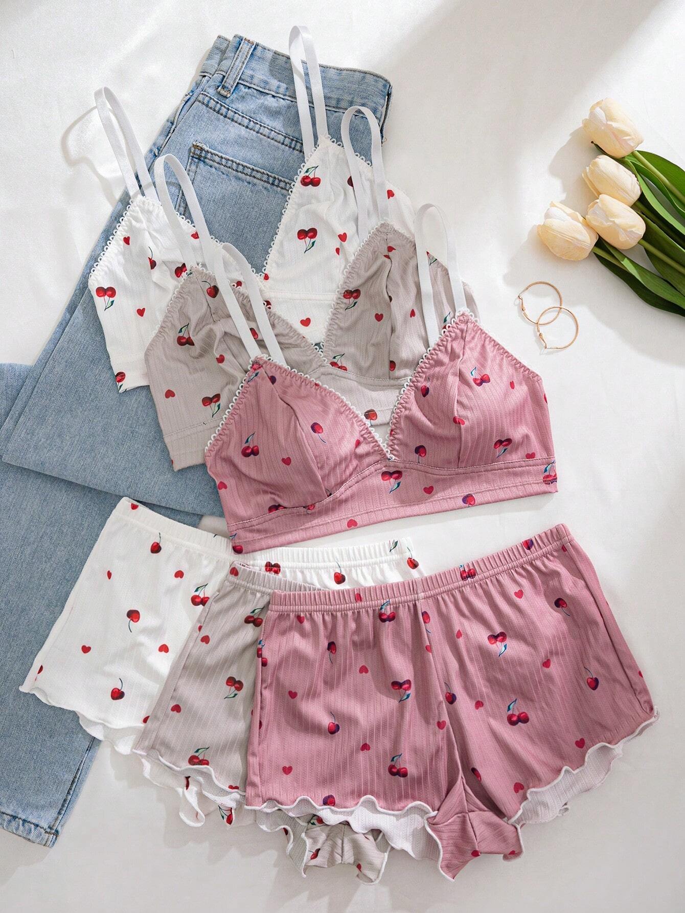 3pcs Women Heart, Cherry, Leopard Print Ruffled Lace Trim Lingerie Bra Set