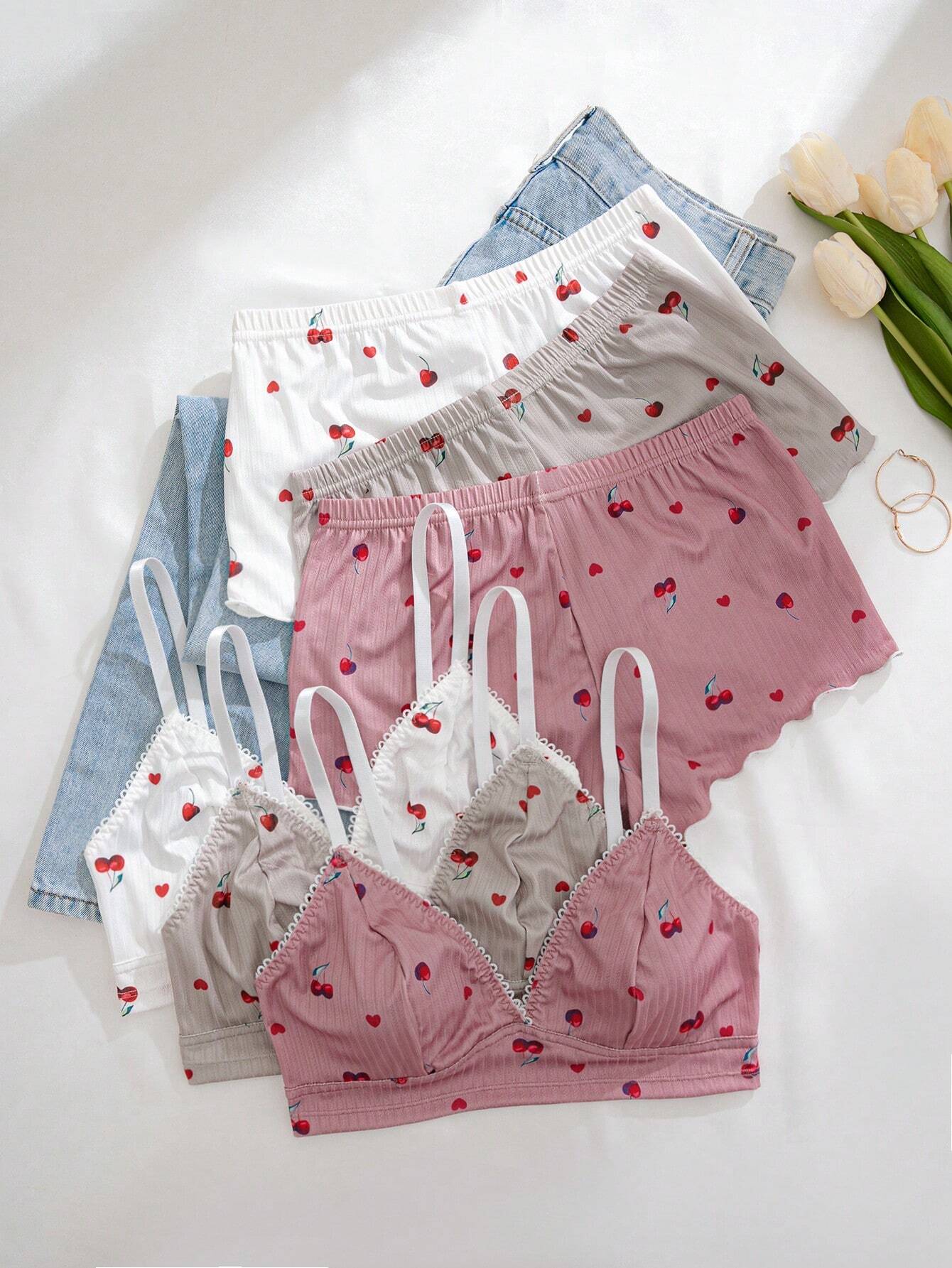 3pcs Women Heart, Cherry, Leopard Print Ruffled Lace Trim Lingerie Bra Set