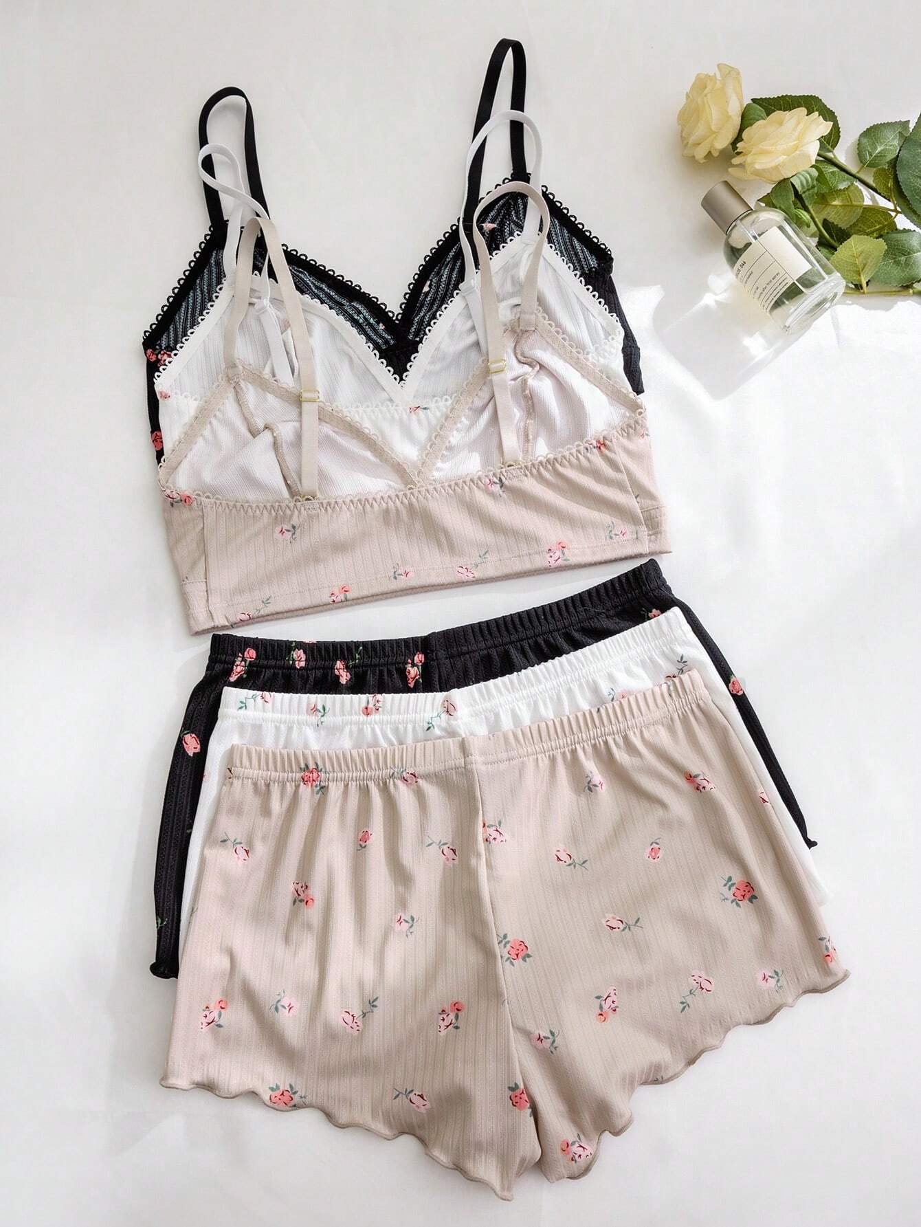 3pcs Women Heart, Cherry, Leopard Print Ruffled Lace Trim Lingerie Bra Set