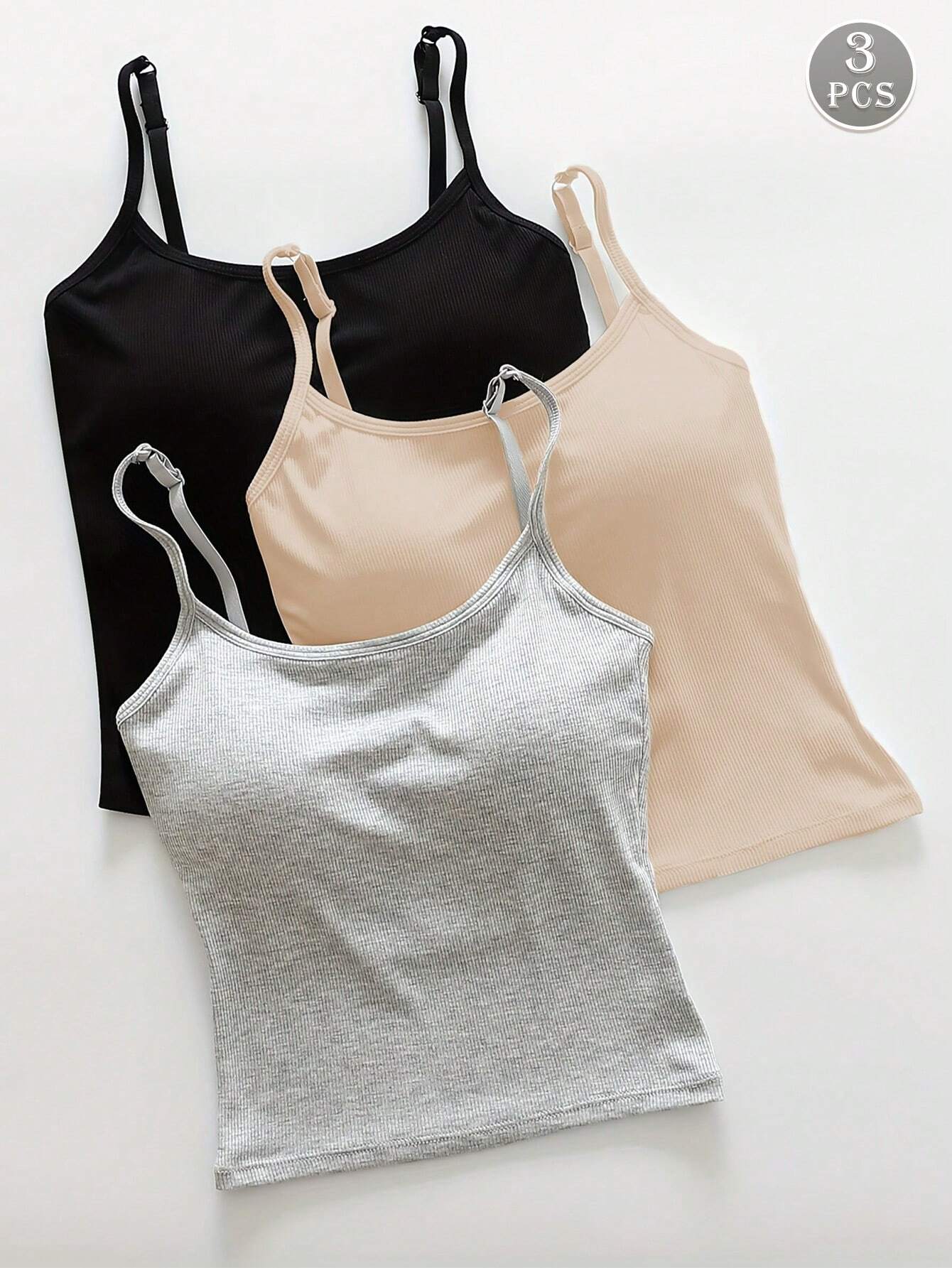 3pcs Women Plain Ribbed Camisole With Padded Bra