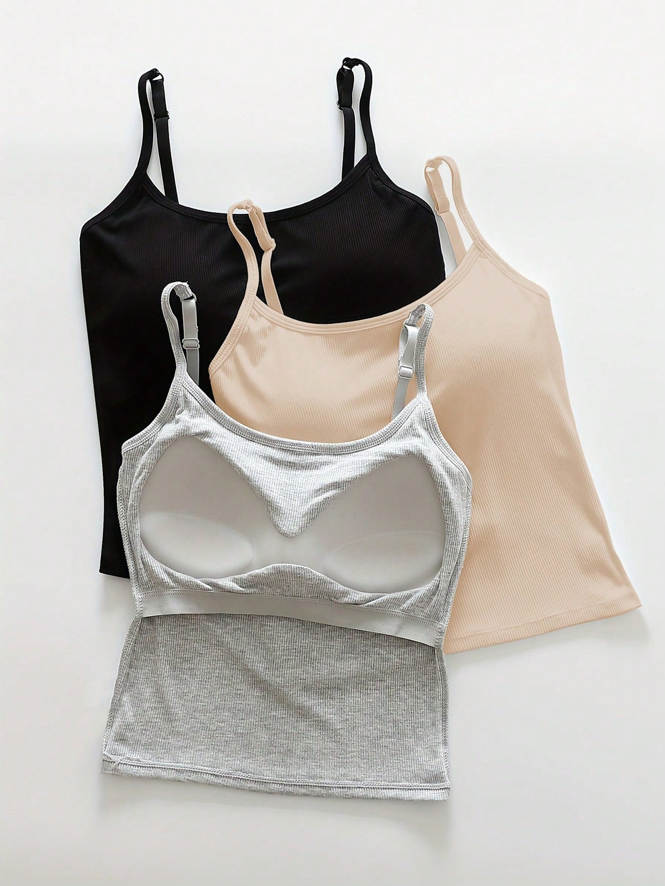 3pcs Women Plain Ribbed Camisole With Padded Bra