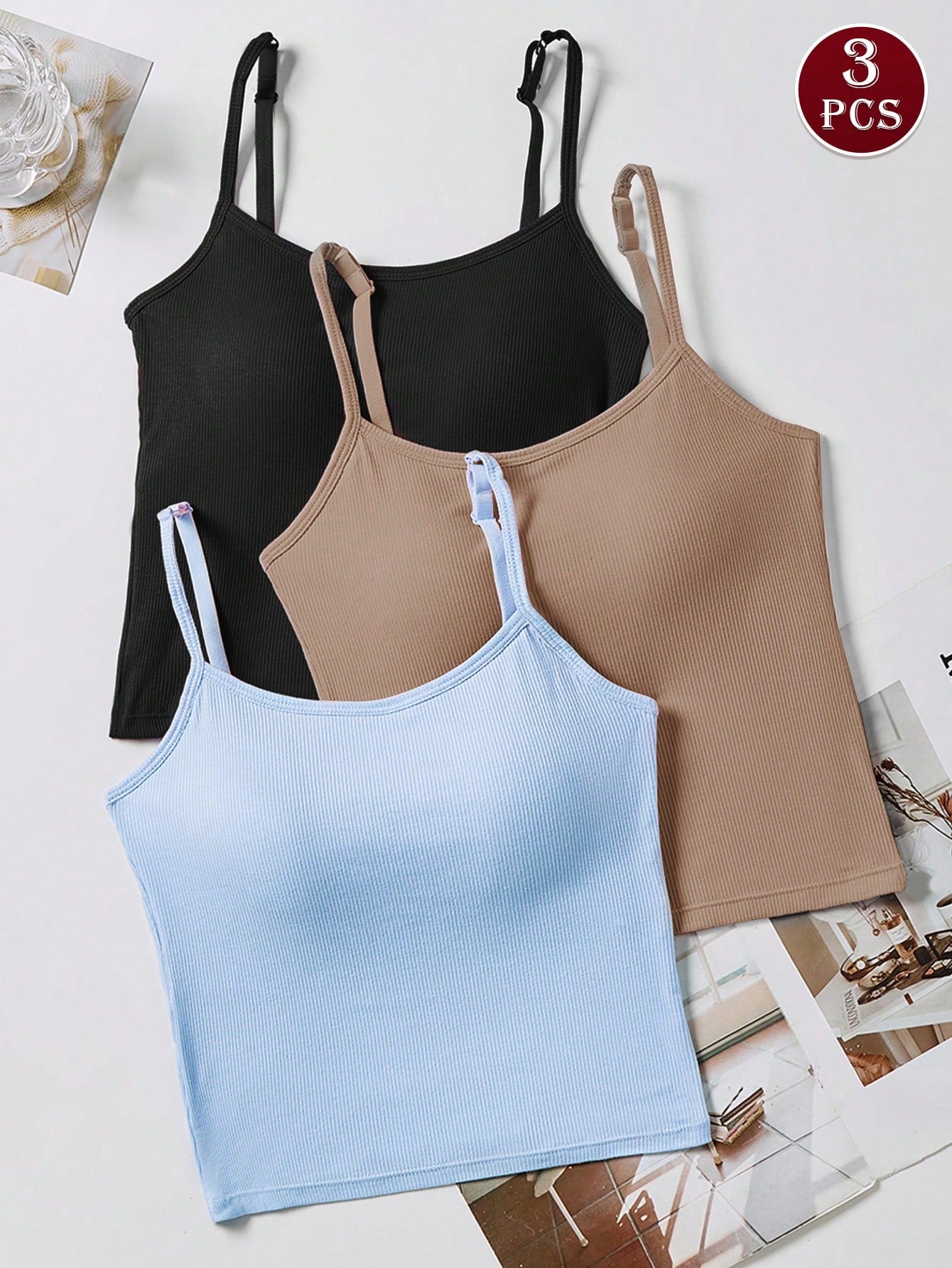 3pcs Women Plain Ribbed Camisole With Padded Bra
