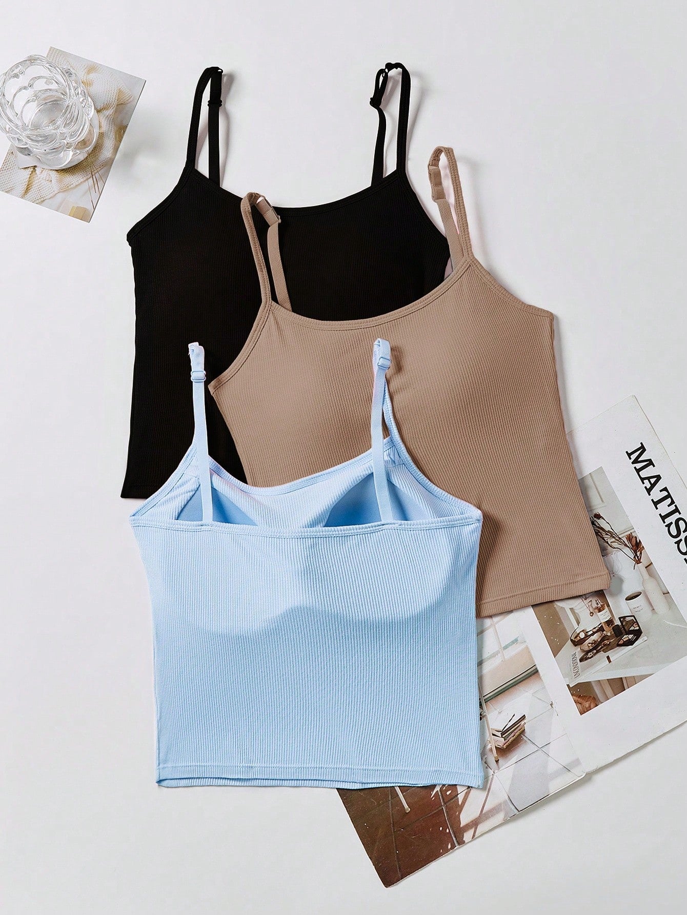 3pcs Women Plain Ribbed Camisole With Padded Bra