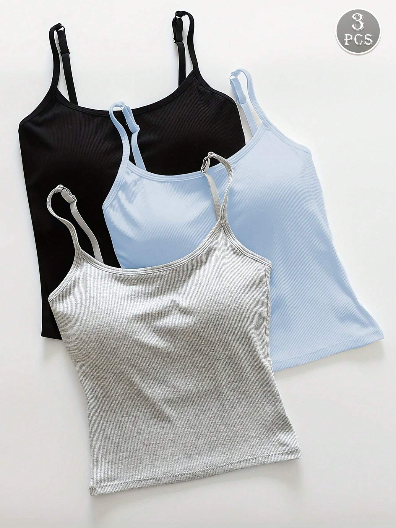 3pcs Women Plain Ribbed Camisole With Padded Bra