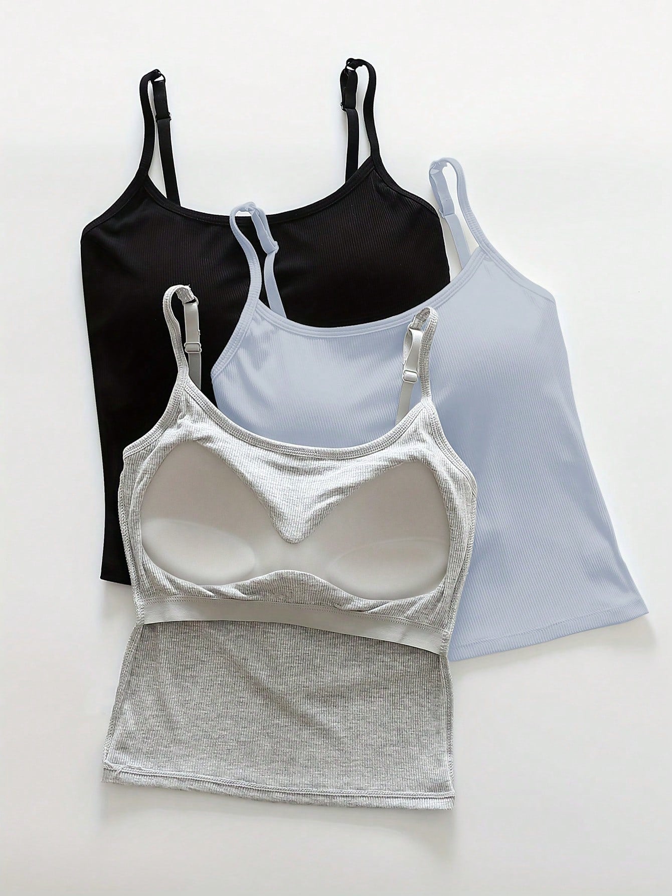 3pcs Women Plain Ribbed Camisole With Padded Bra