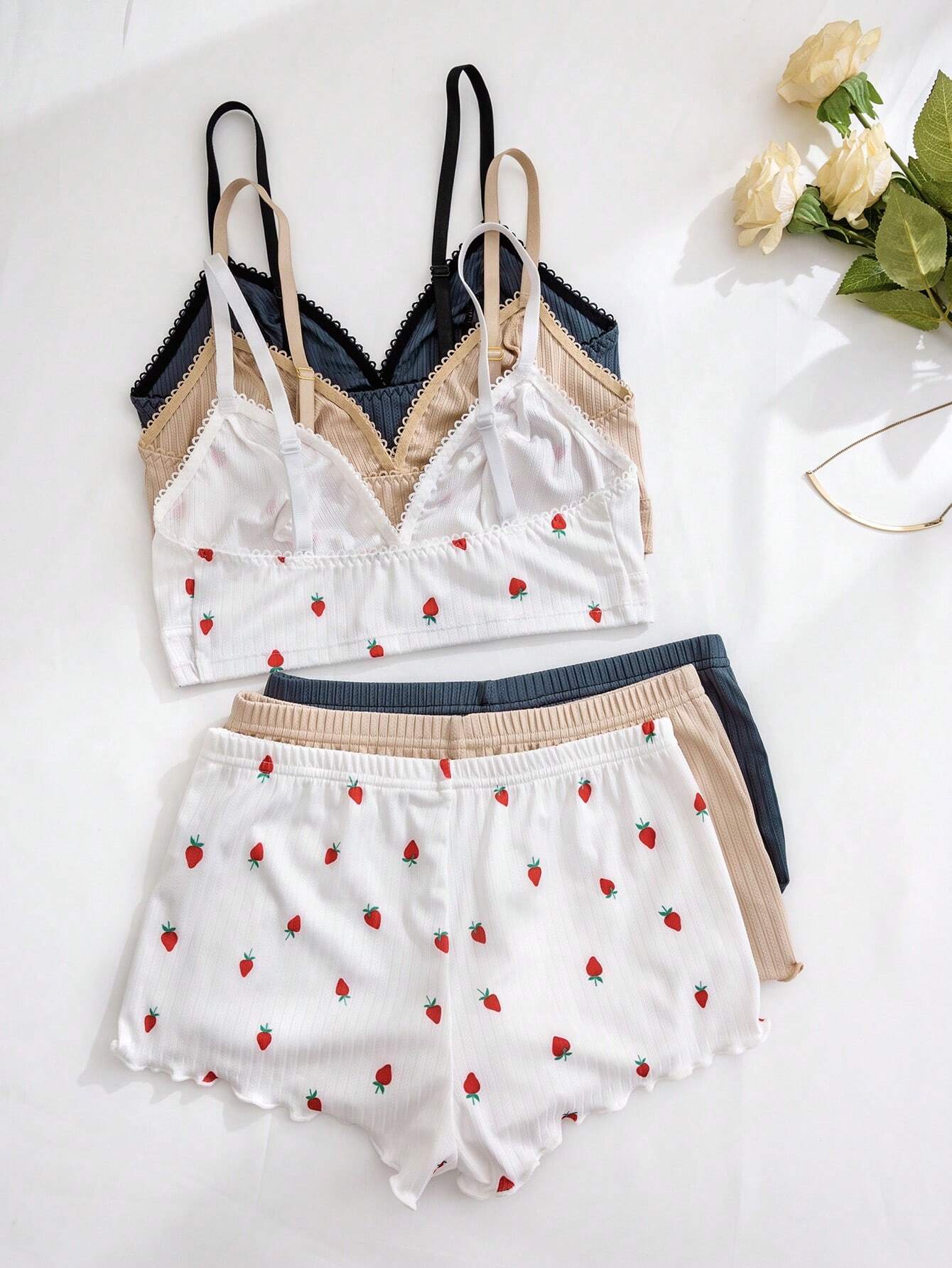 3pcs Women Heart, Cherry, Leopard Print Ruffled Lace Trim Lingerie Bra Set