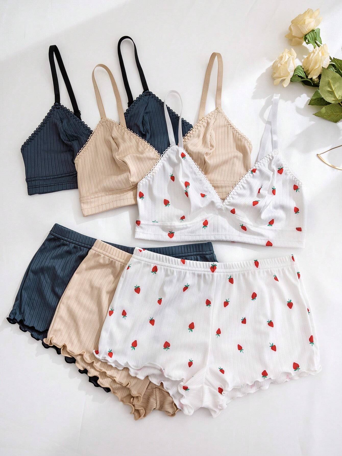 3pcs Women Heart, Cherry, Leopard Print Ruffled Lace Trim Lingerie Bra Set