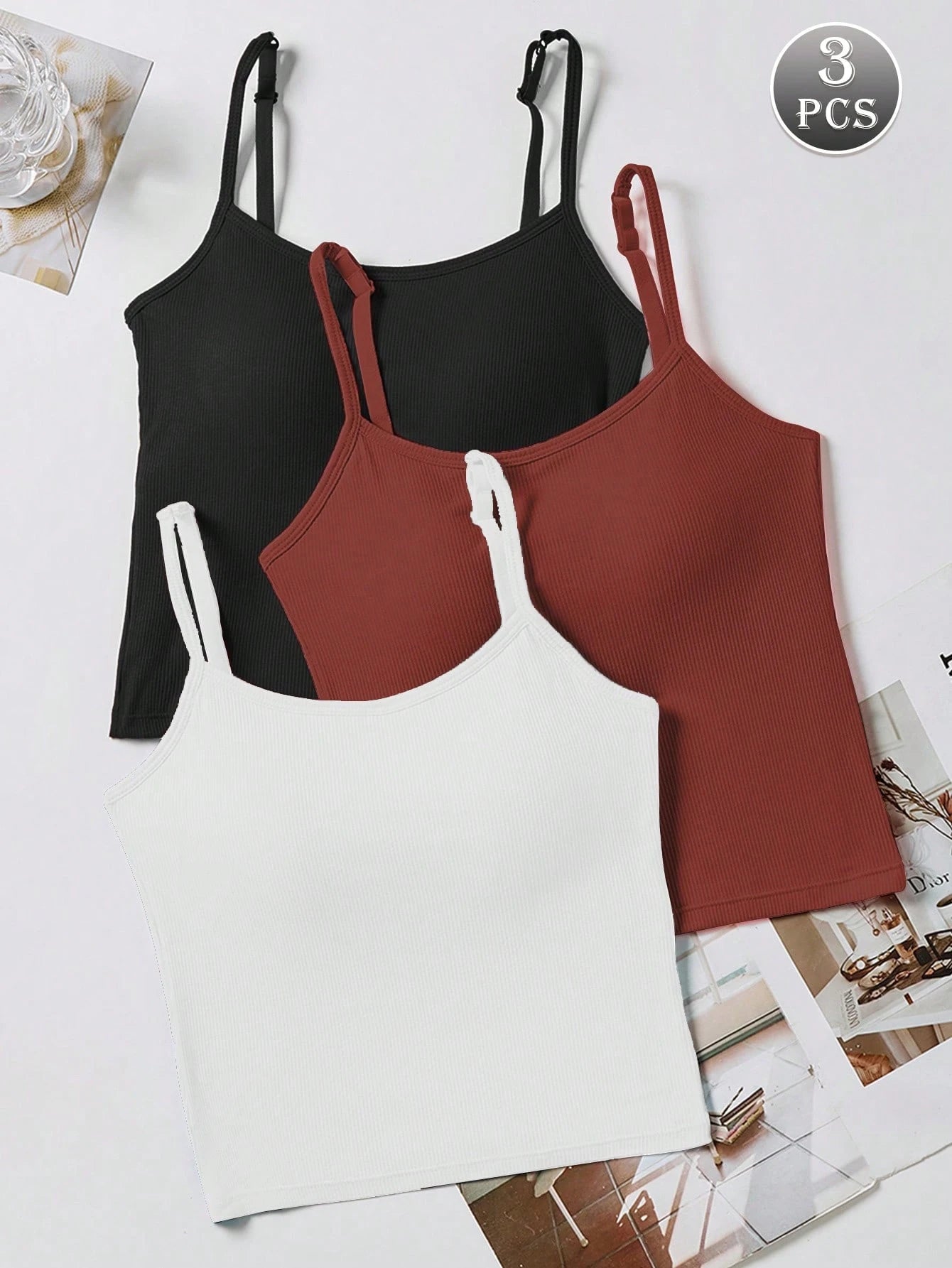 3pcs Women Plain Ribbed Camisole With Padded Bra