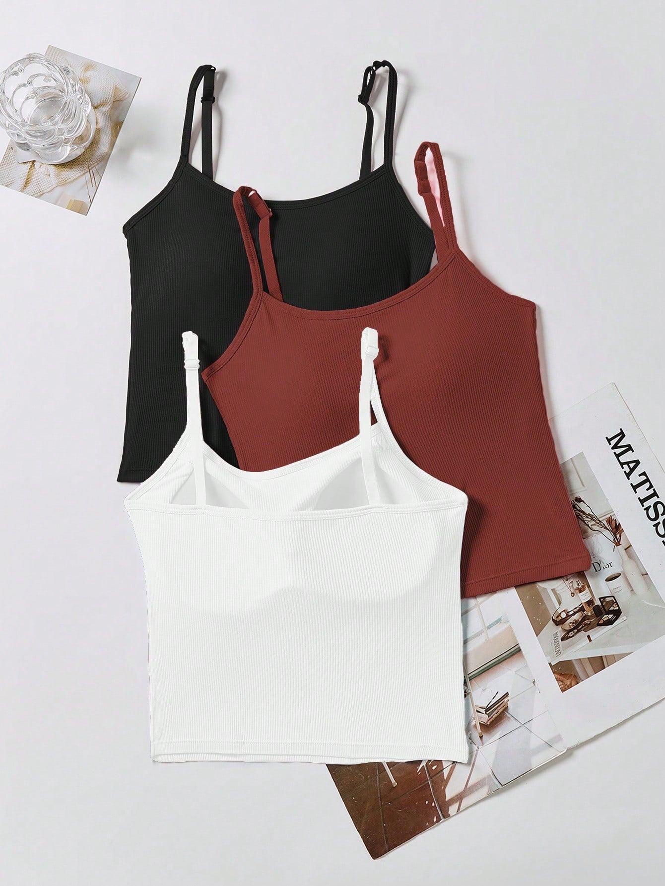3pcs Women Plain Ribbed Camisole With Padded Bra