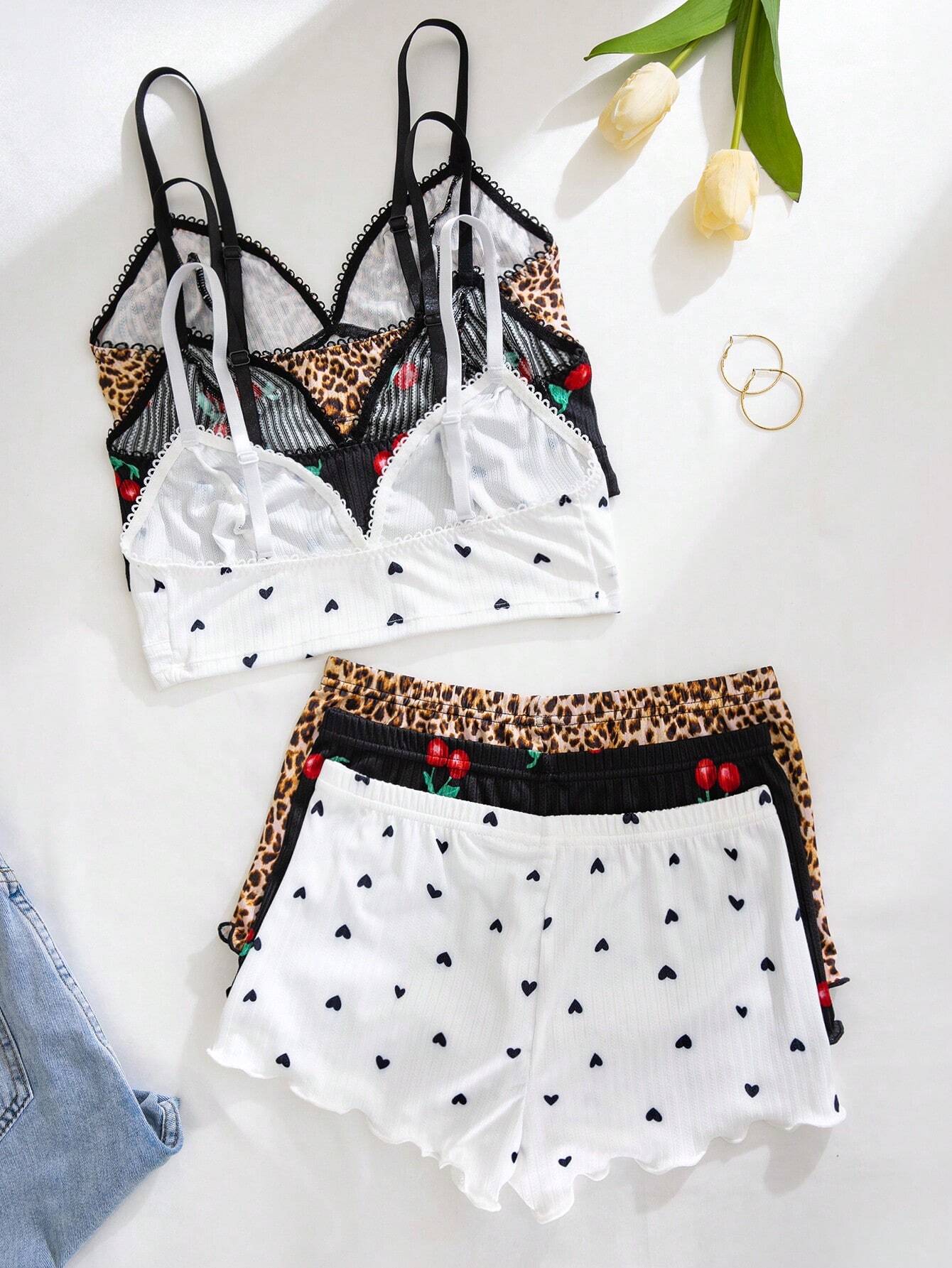 3pcs Women Heart, Cherry, Leopard Print Ruffled Lace Trim Lingerie Bra Set