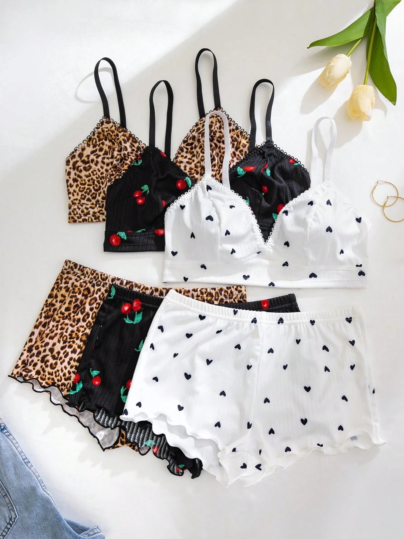3pcs Women Heart, Cherry, Leopard Print Ruffled Lace Trim Lingerie Bra Set