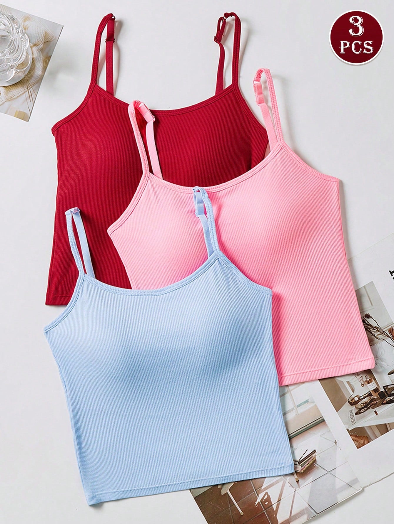 3pcs Women Plain Ribbed Camisole With Padded Bra