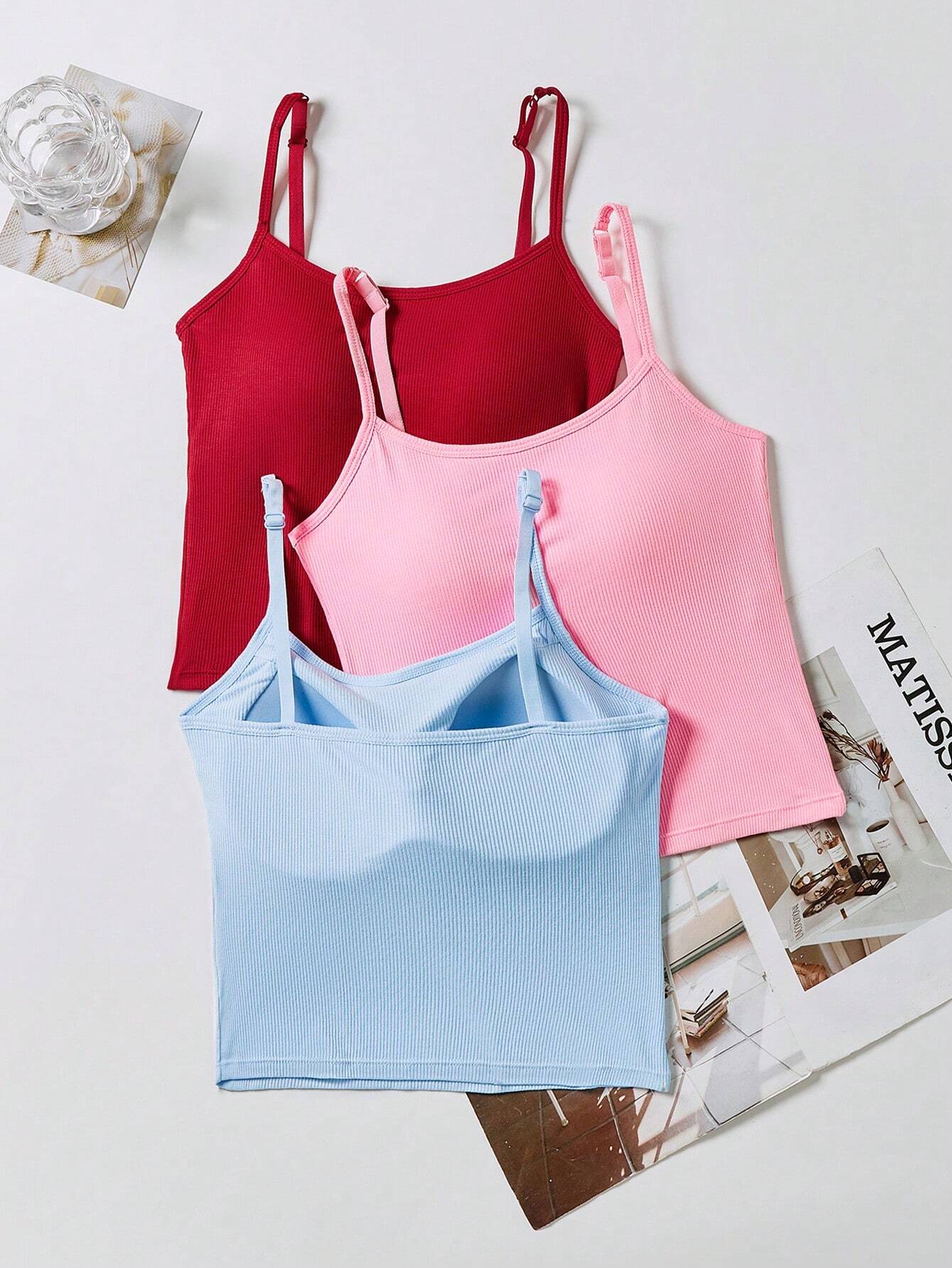 3pcs Women Plain Ribbed Camisole With Padded Bra