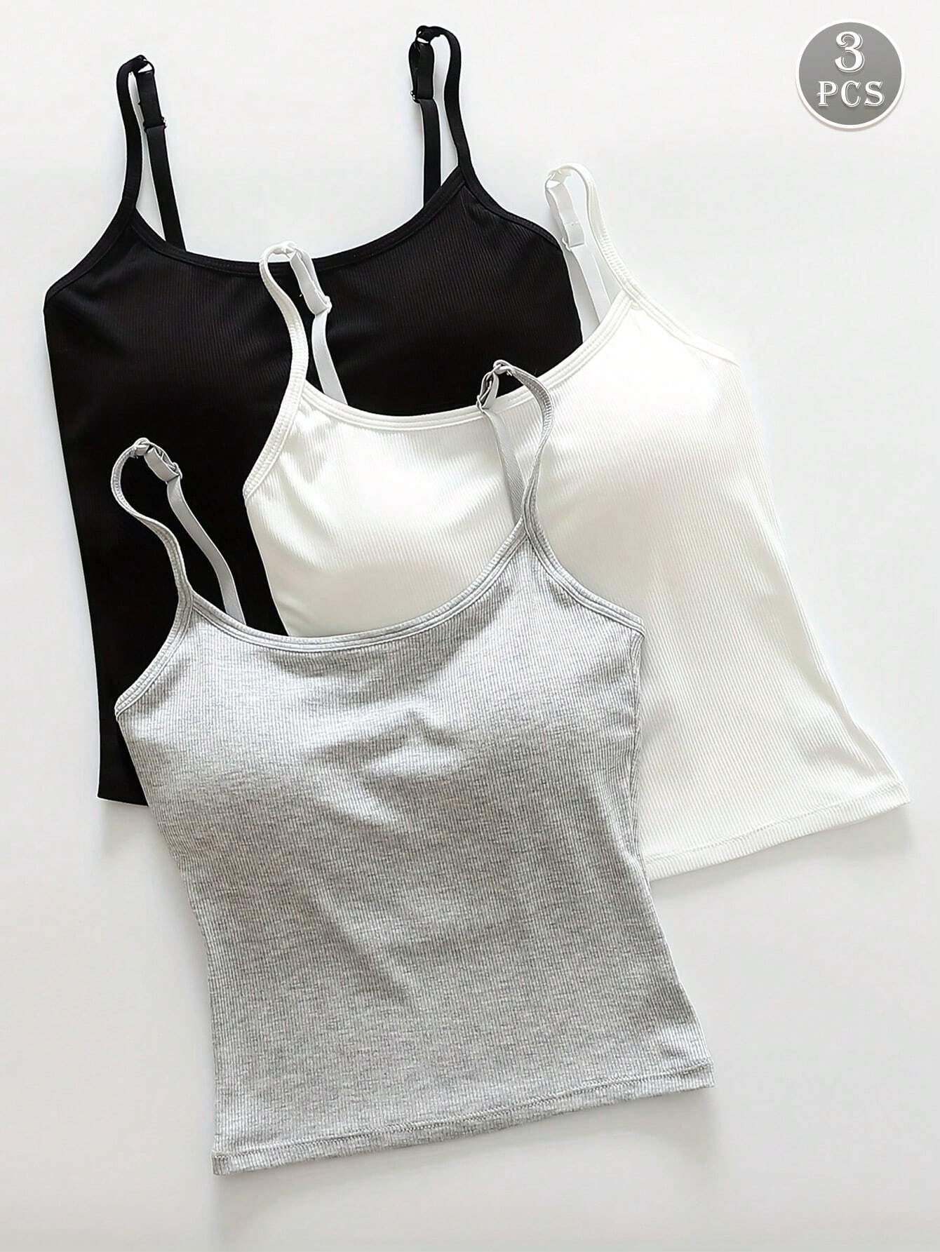 3pcs Women Plain Ribbed Camisole With Padded Bra
