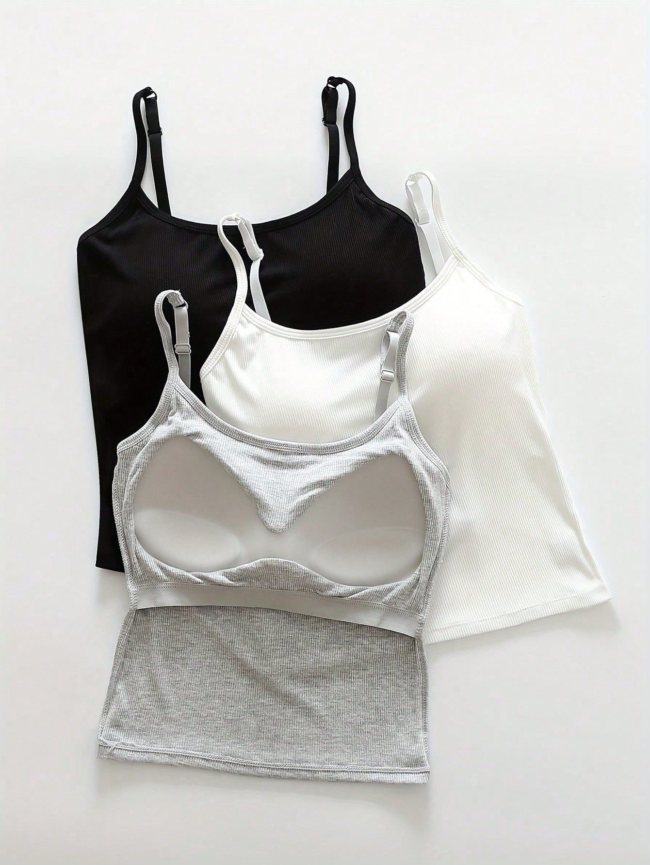 3pcs Women Plain Ribbed Camisole With Padded Bra