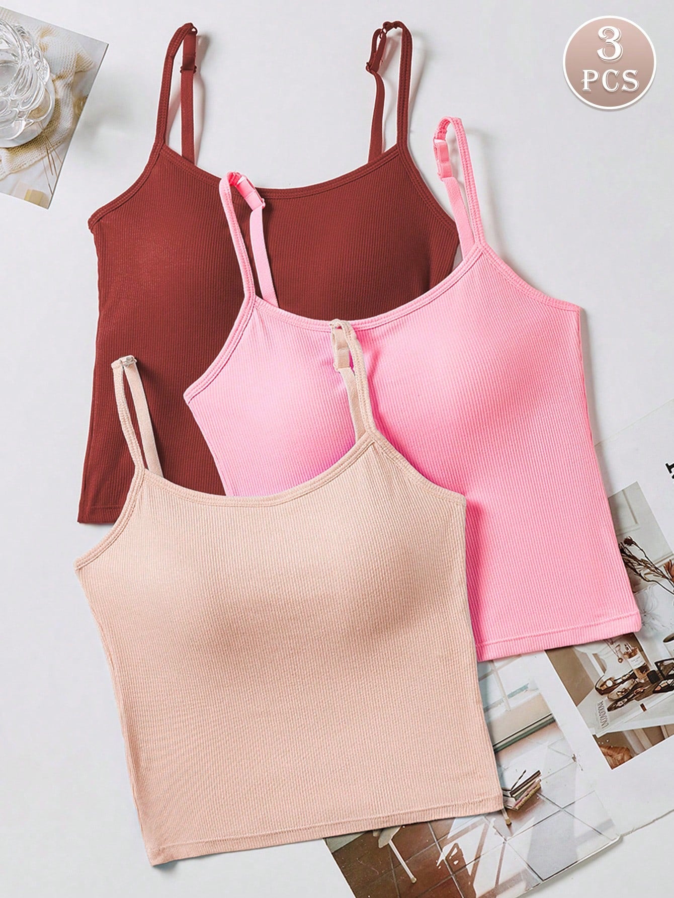 3pcs Women Plain Ribbed Camisole With Padded Bra