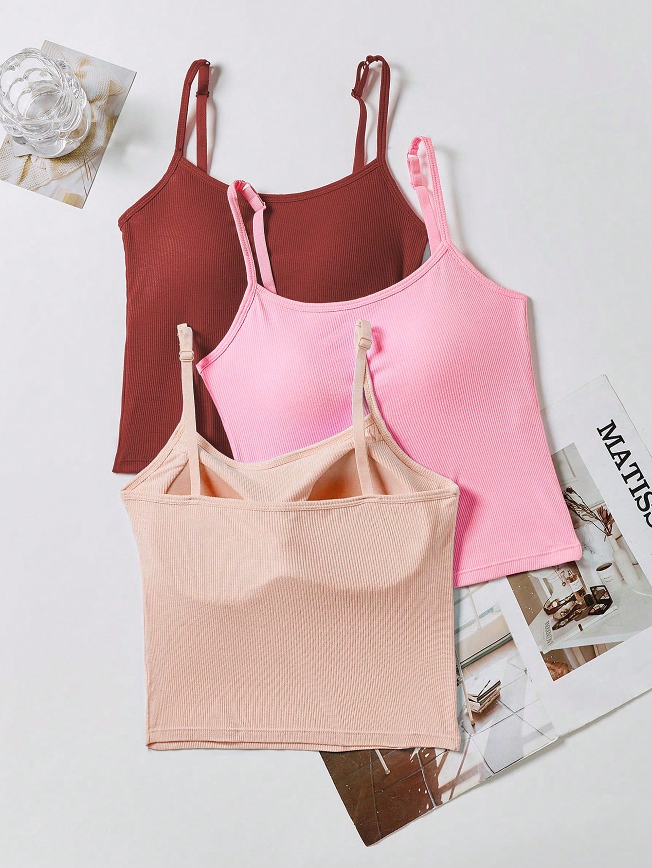 3pcs Women Plain Ribbed Camisole With Padded Bra