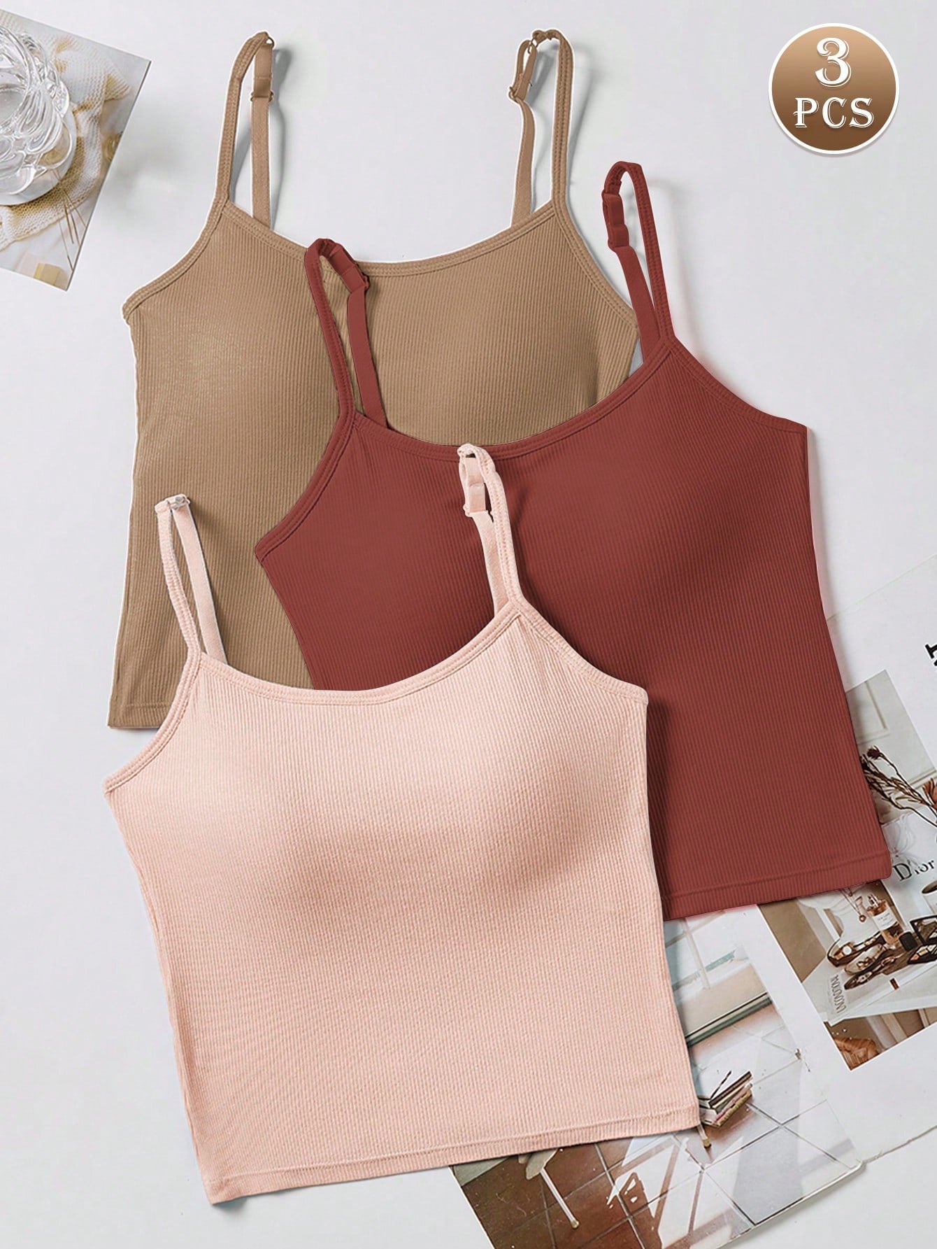 3pcs Women Plain Ribbed Camisole With Padded Bra