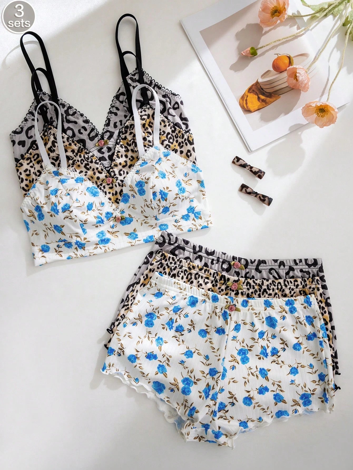 3pcs Women Heart, Cherry, Leopard Print Ruffled Lace Trim Lingerie Bra Set