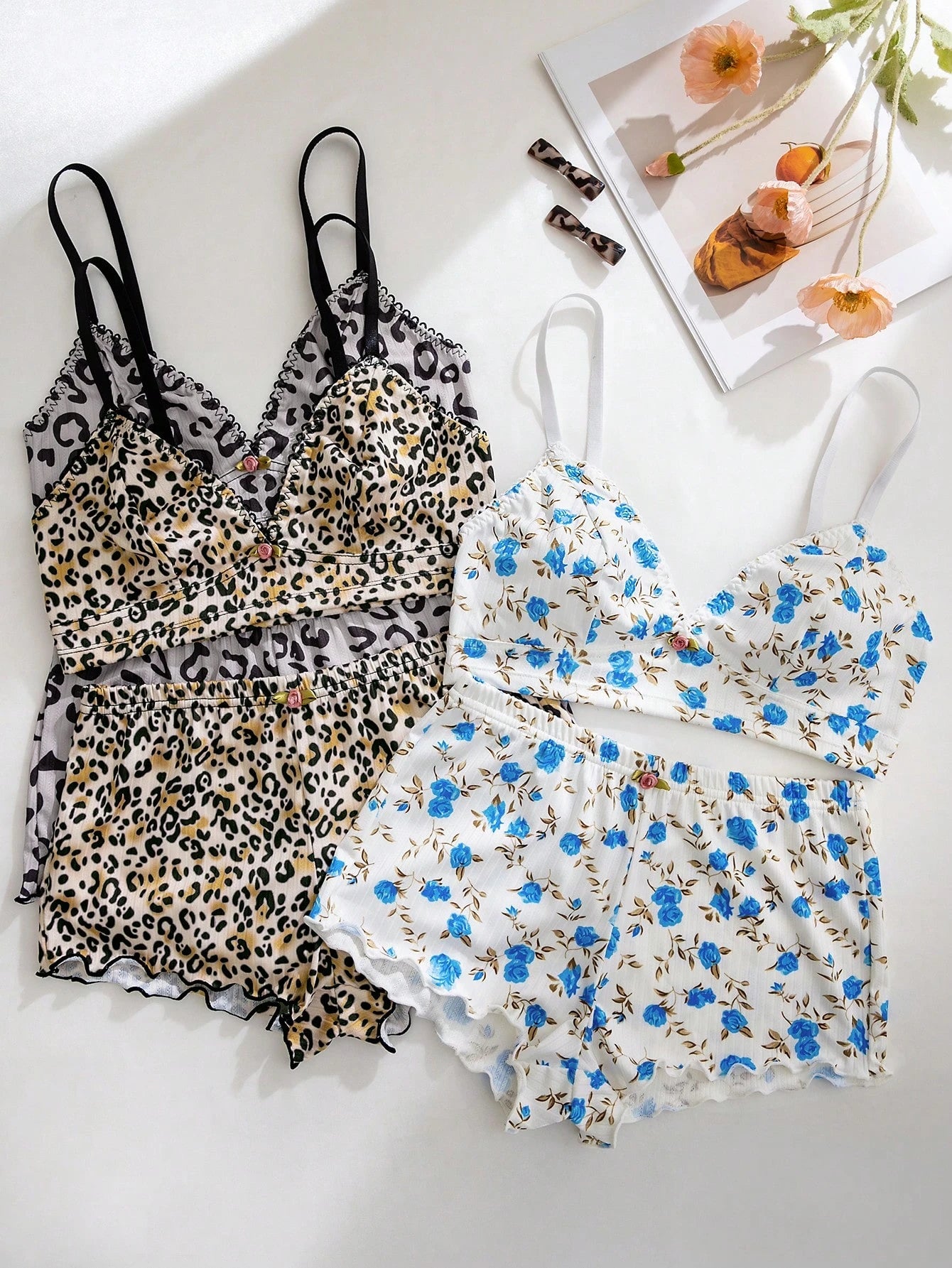 3pcs Women Heart, Cherry, Leopard Print Ruffled Lace Trim Lingerie Bra Set