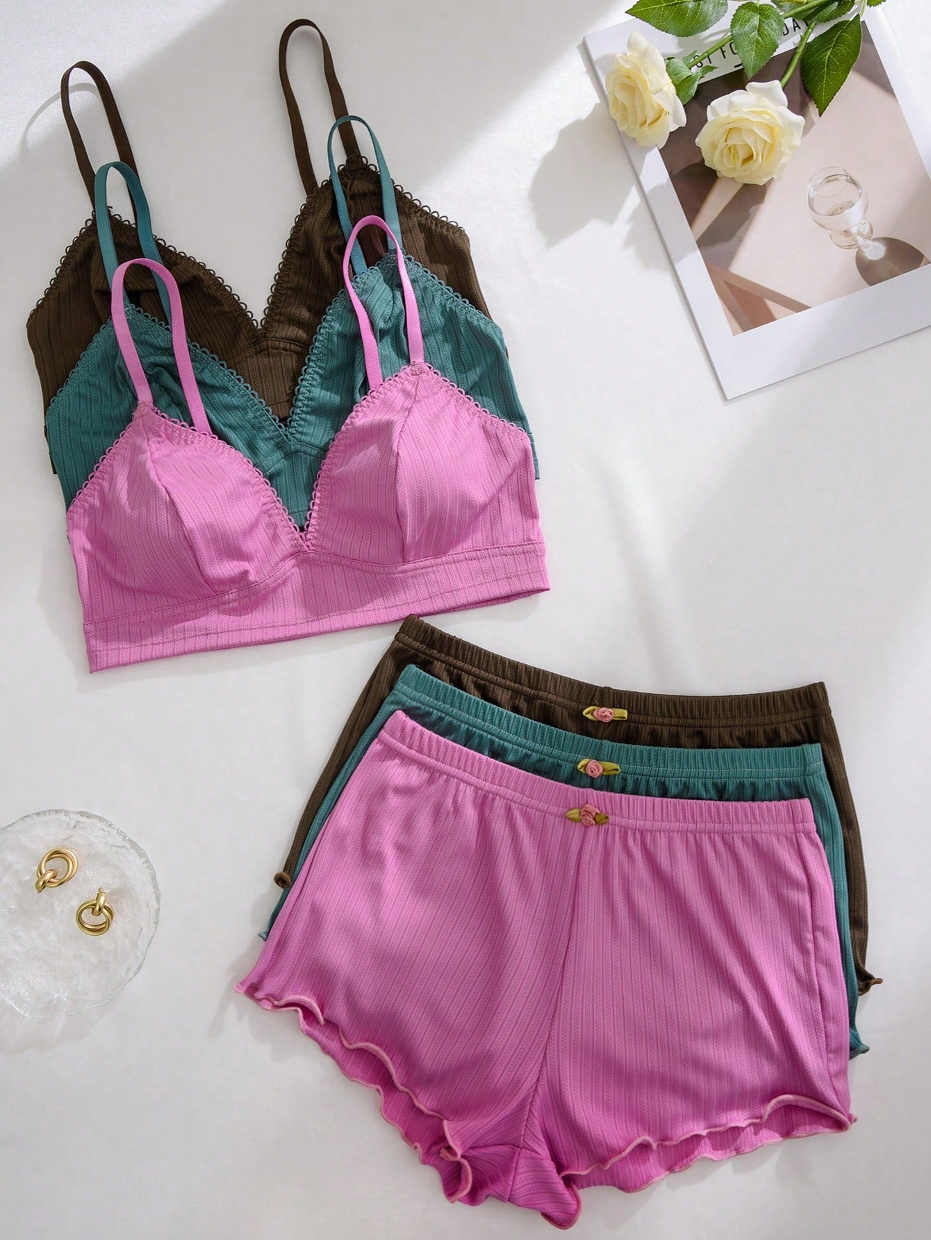 3pcs Women Heart, Cherry, Leopard Print Ruffled Lace Trim Lingerie Bra Set