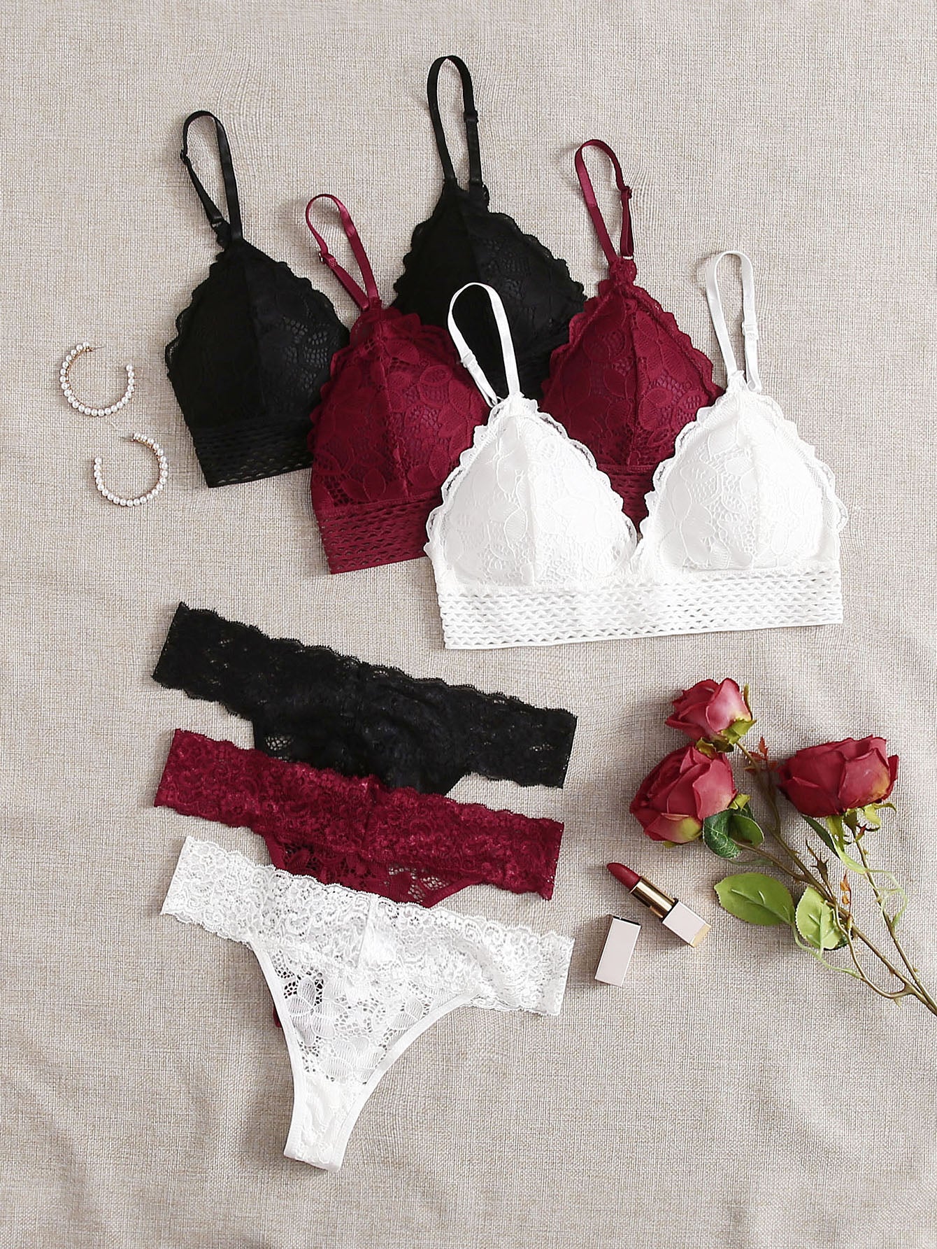 3sets Floral Lace Bra & Panty Lingerie Set