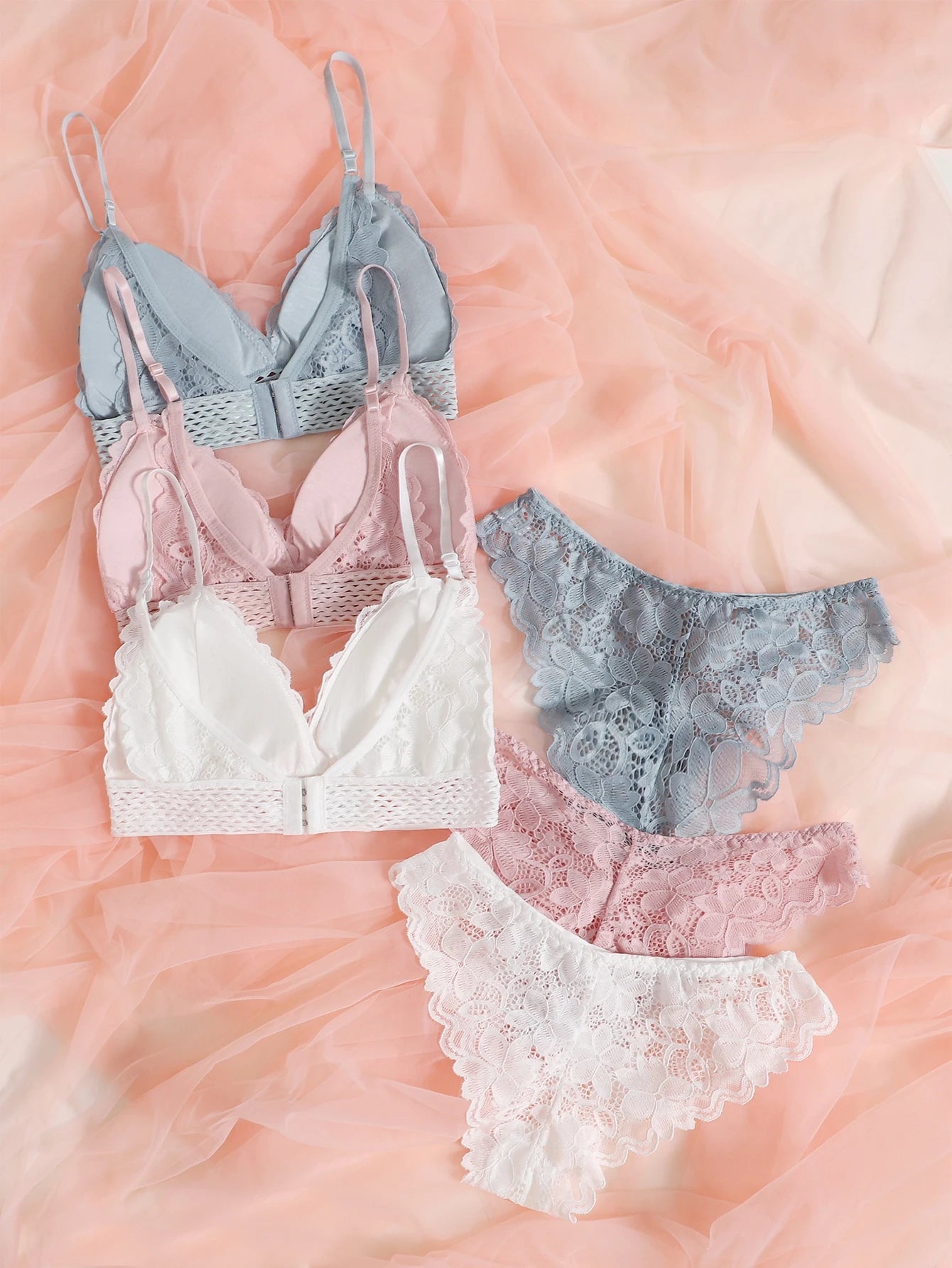 3sets Floral Lace Bra & Panty Lingerie Set