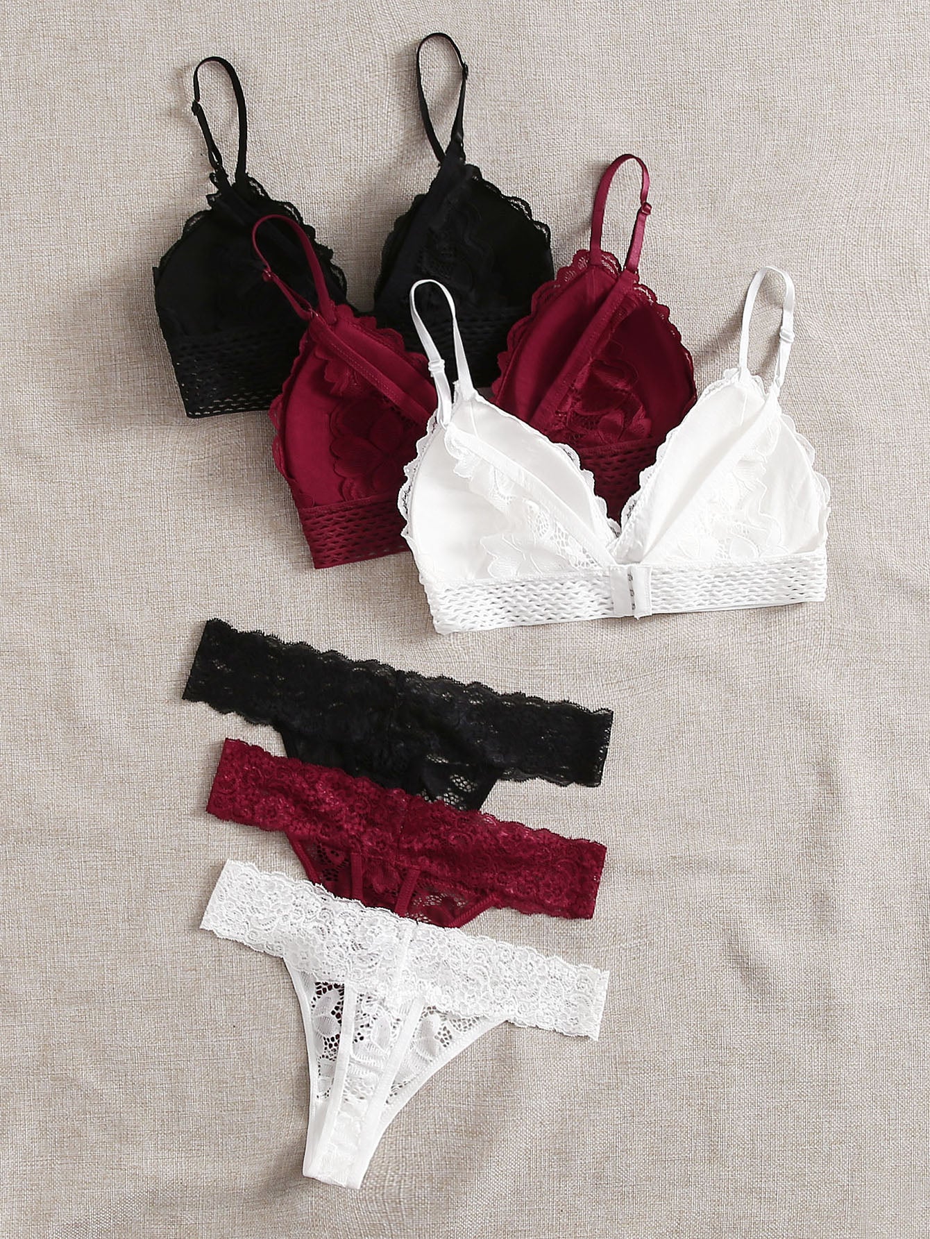 3sets Floral Lace Bra & Panty Lingerie Set