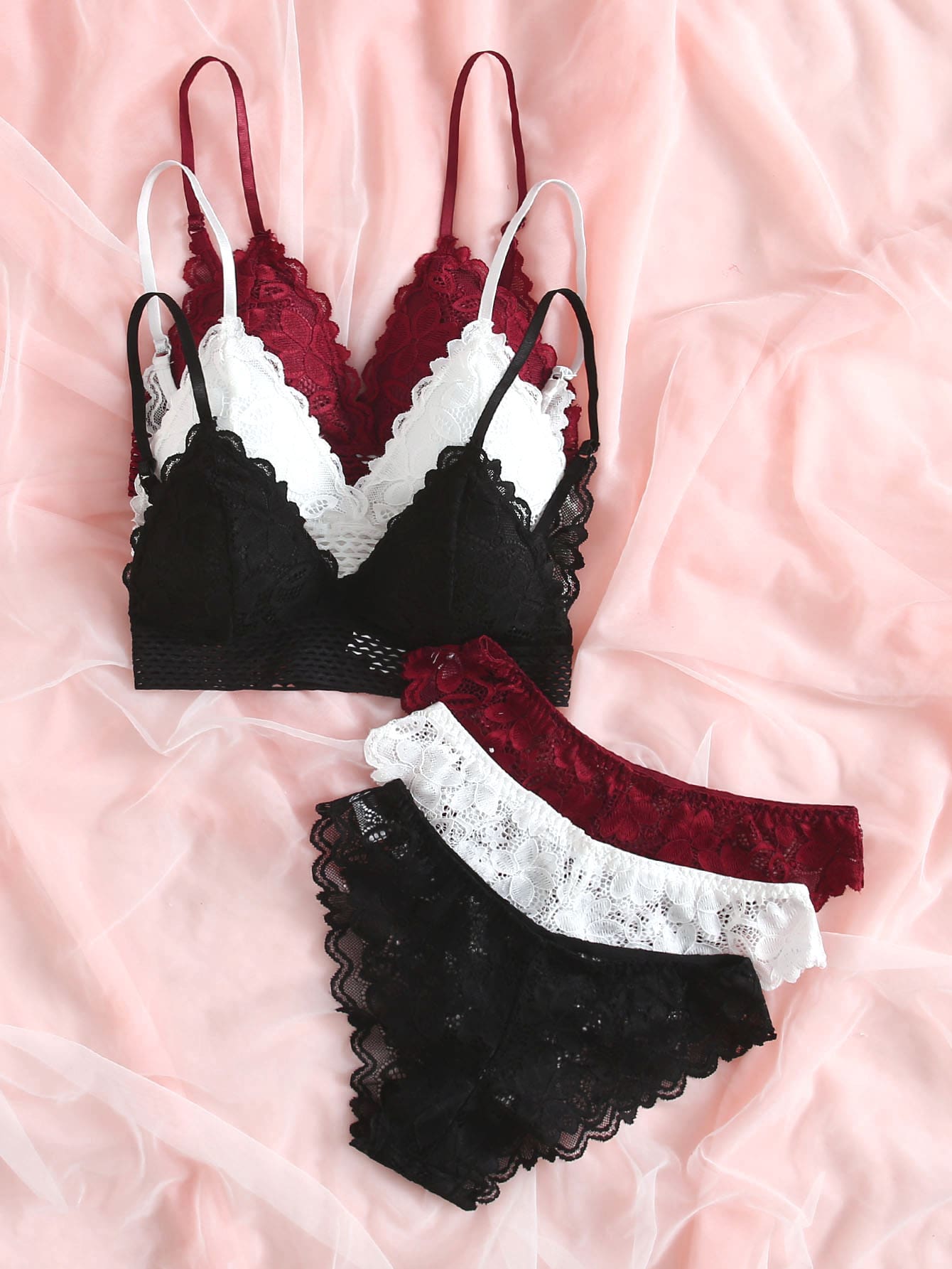 3sets Floral Lace Bra & Panty Lingerie Set