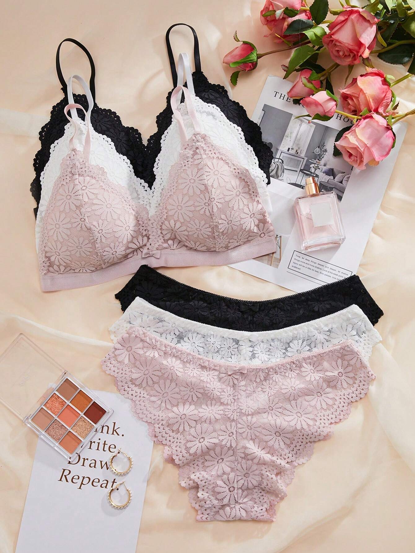 3sets Floral Lace Scallop Trim Bra & Panty Lingerie Set