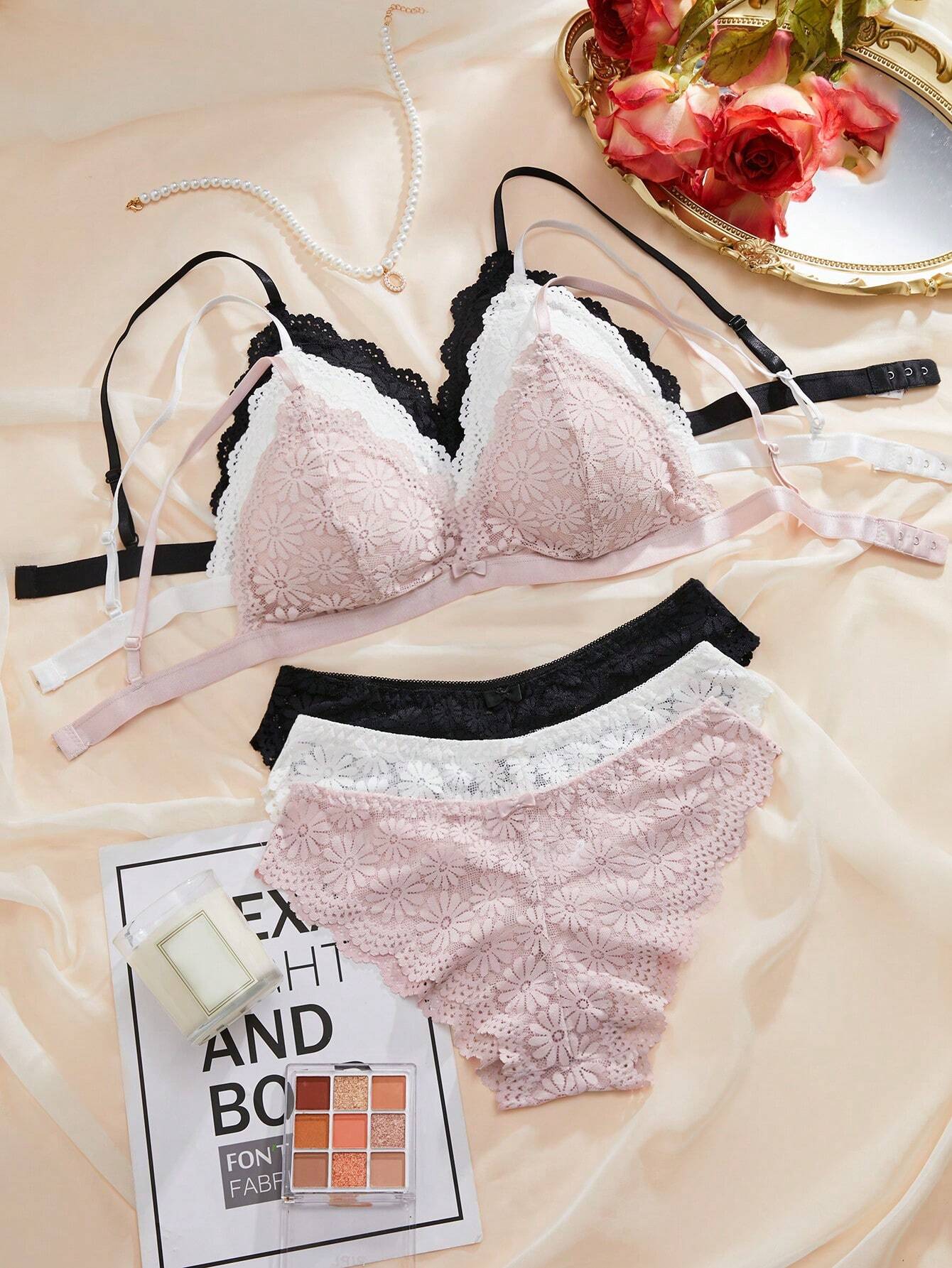 3sets Floral Lace Scallop Trim Bra & Panty Lingerie Set
