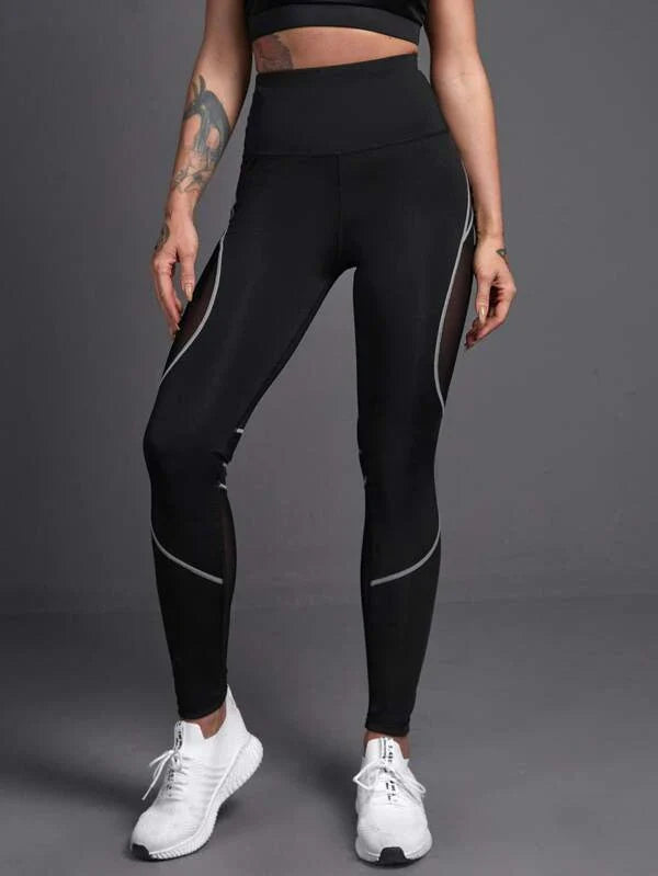 Mesh Panel Topstitching Sports Leggings