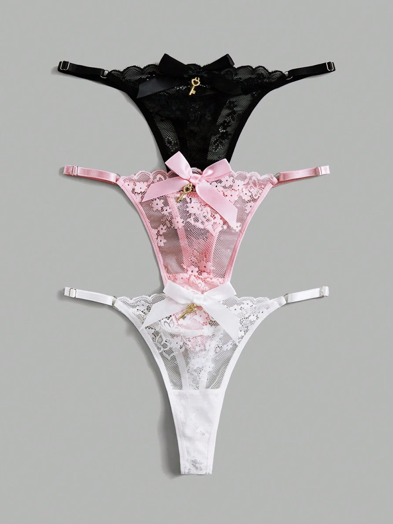 ROMWE Kawaii 3pack Floral Lace Bow Decor Thong