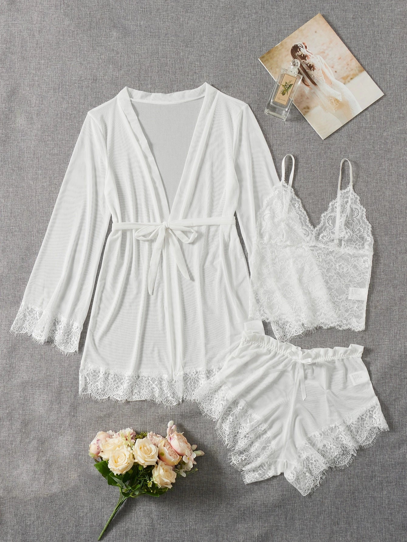 3pack Contrast Lace Mesh Lingerie Set & Robe & Belt