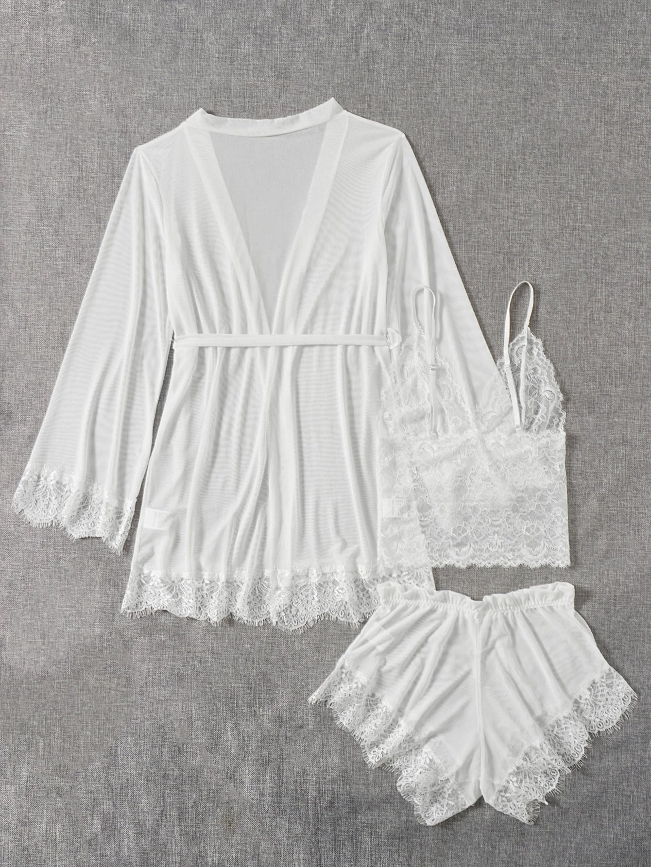 3pack Contrast Lace Mesh Lingerie Set & Robe & Belt