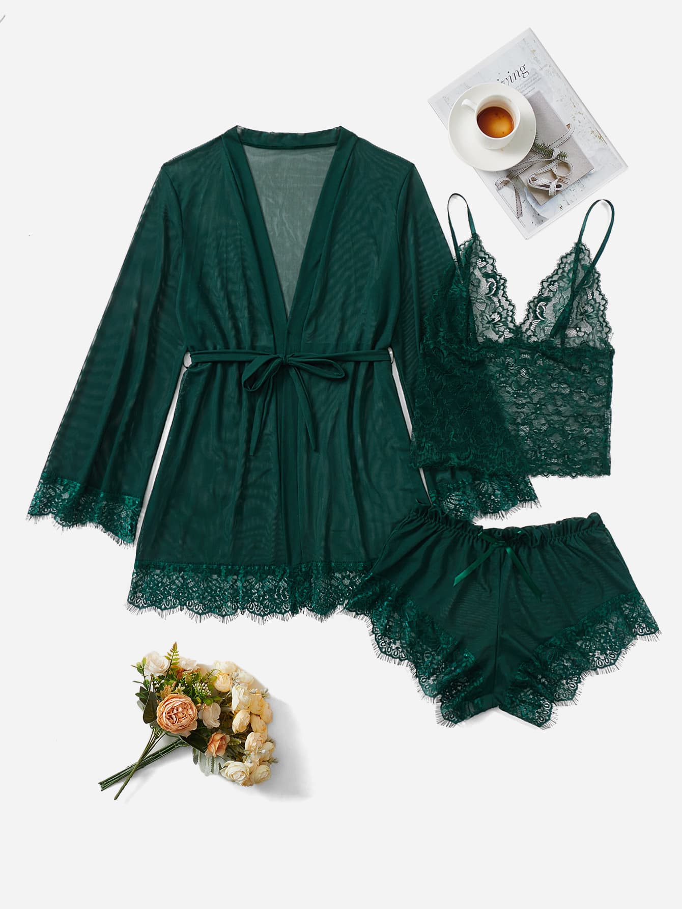 3pack Contrast Lace Mesh Lingerie Set & Robe & Belt
