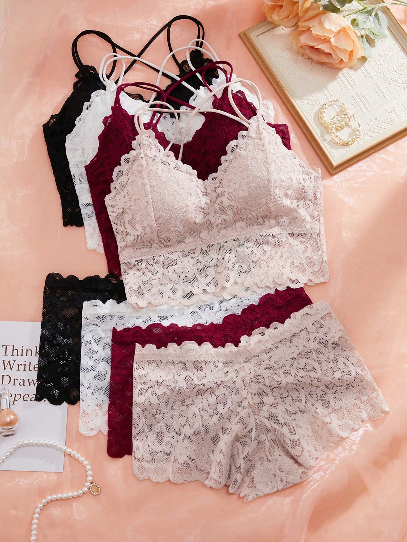 4pcs/Set Lace Wireless Bra And Panties Set Lingerie Set