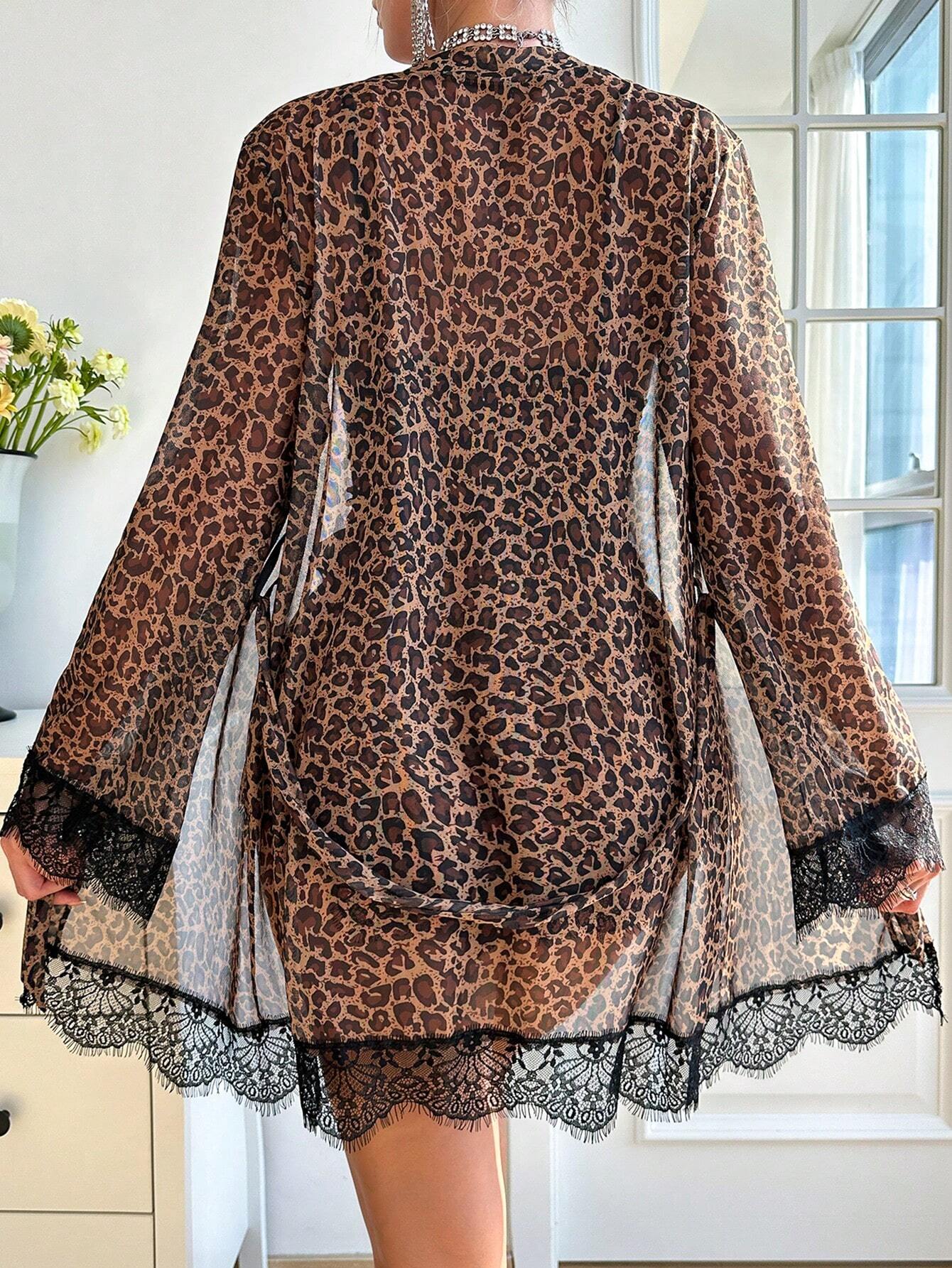 3pack Contrast Lace Mesh Lingerie Set & Robe & Belt