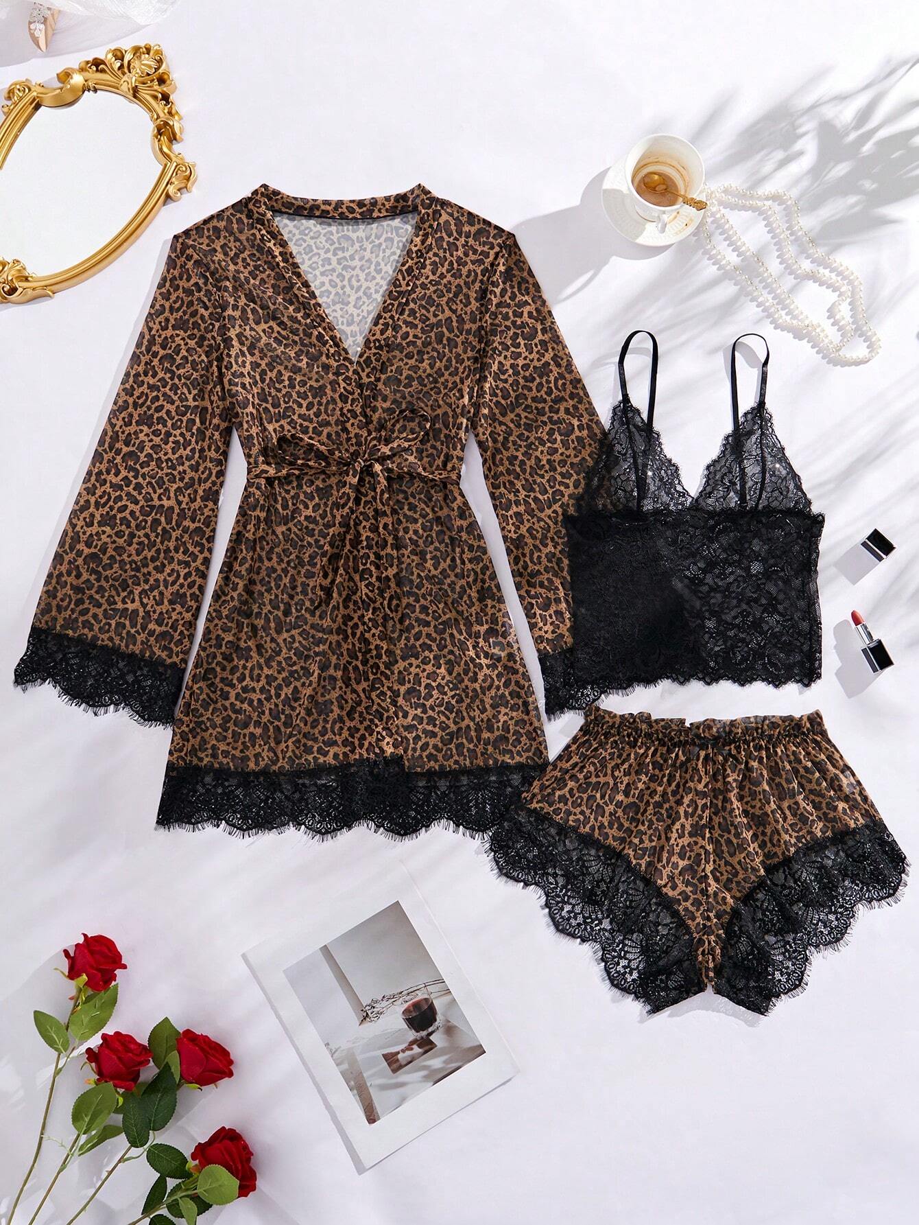 3pack Contrast Lace Mesh Lingerie Set & Robe & Belt