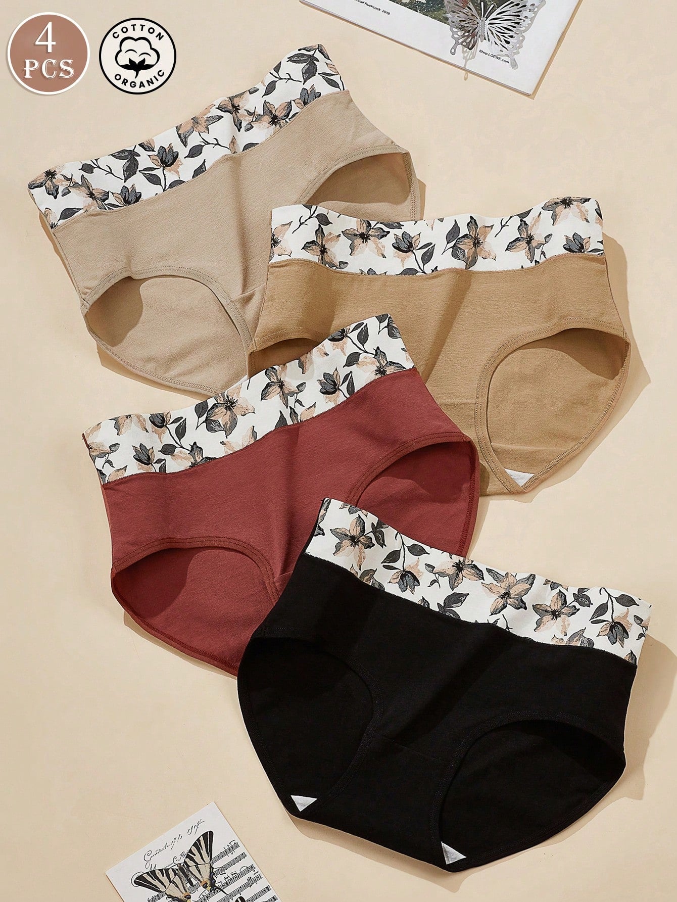 4pcs Women Cotton High Waist Panty, Minimalist Plus Size Briefs With Printed Pattern