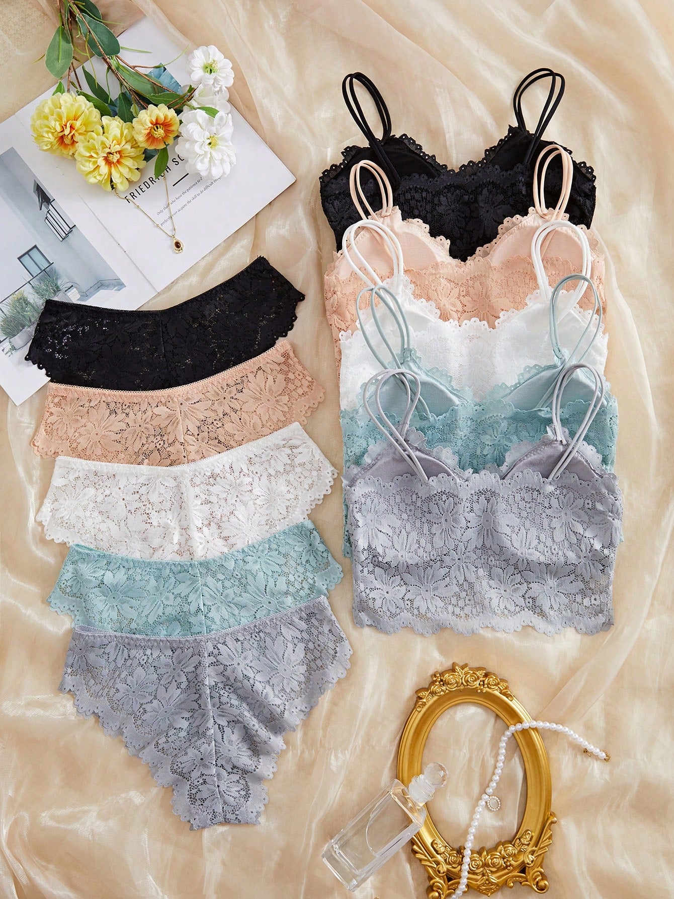 5SETS Ladies Lace Tube Top Suspender Briefs Suit